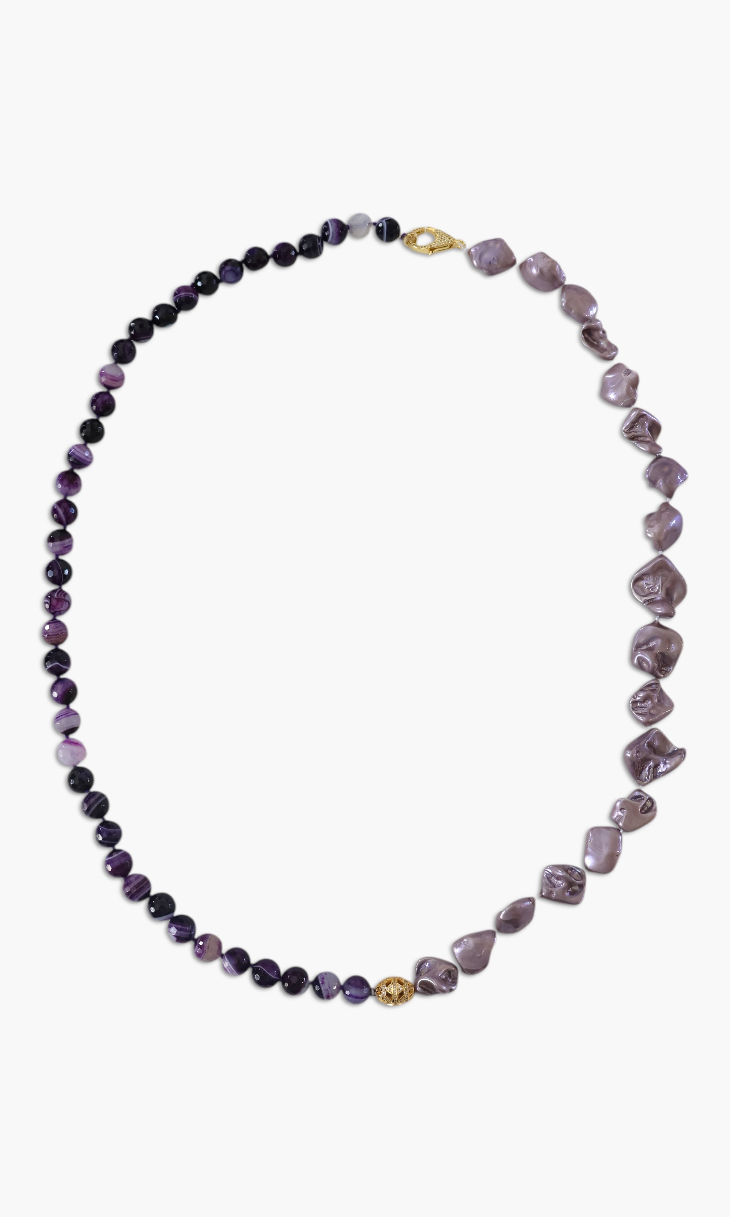 A person wearing multiple necklaces with amethyst stones and gold accents. The necklaces are part of a stack, and the person is holding some of the necklaces, showcasing the jewelry.