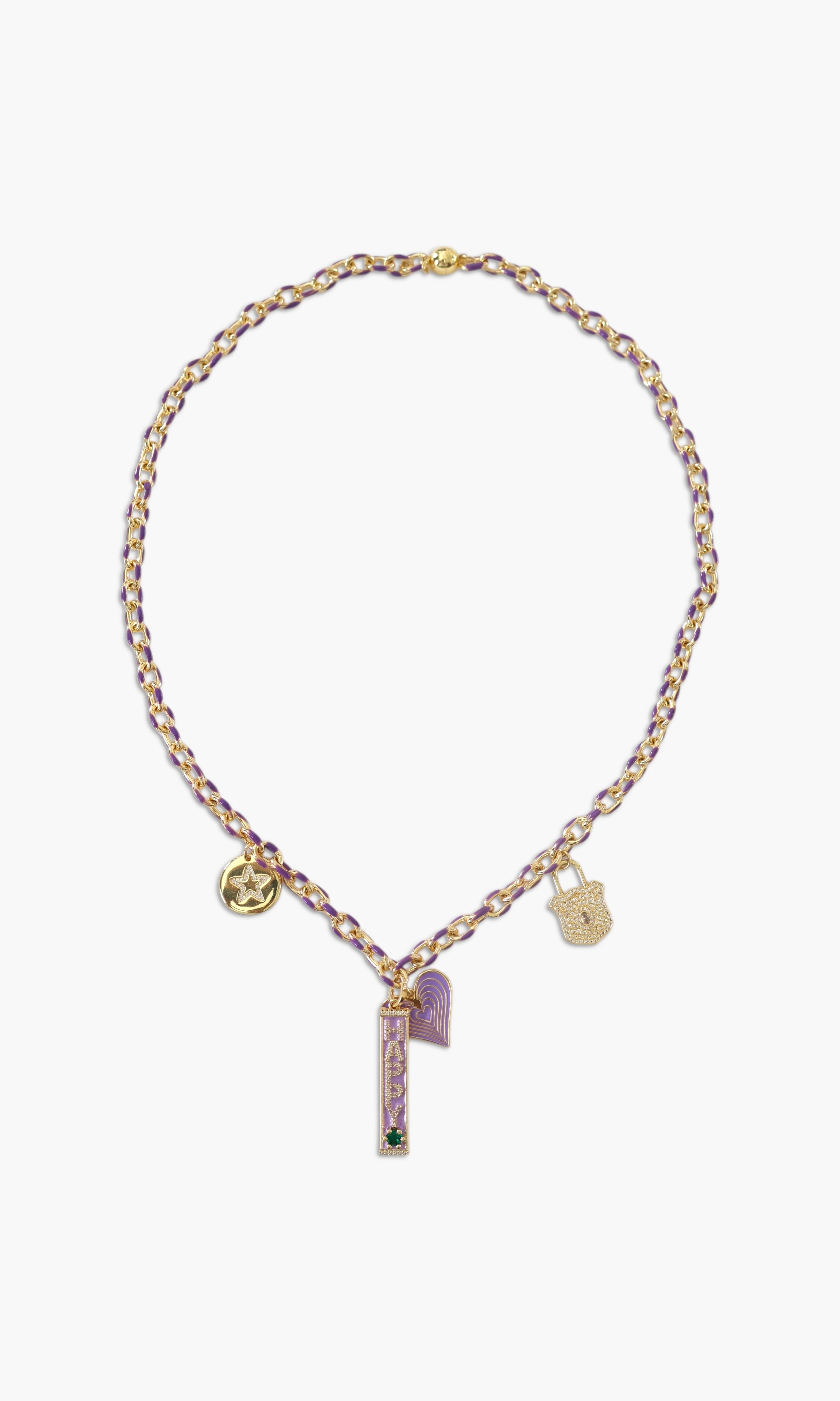 A person wearing multiple necklaces with amethyst stones and gold accents. The necklaces are part of a stack, and the person is holding some of the necklaces, showcasing the jewelry.