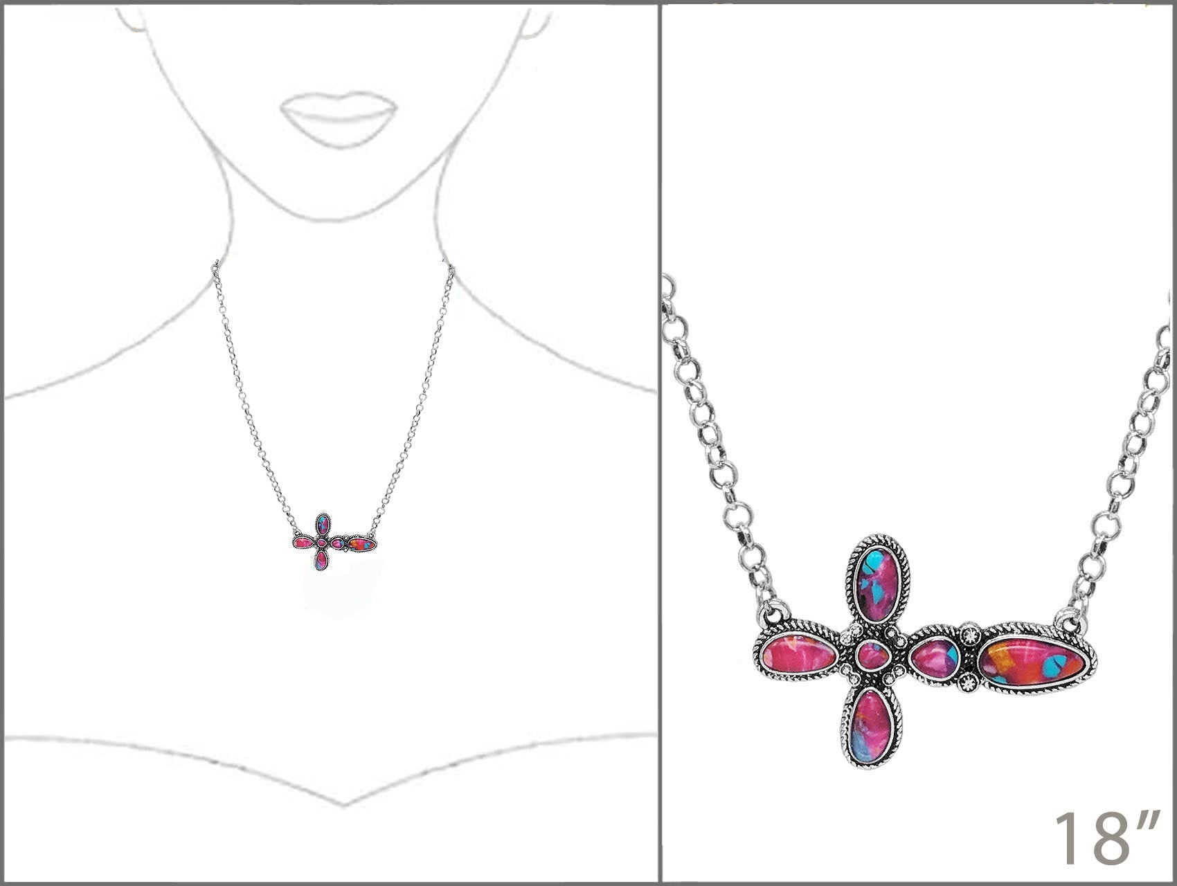 Colorful cross-shaped necklace on a white background with a measurement label.