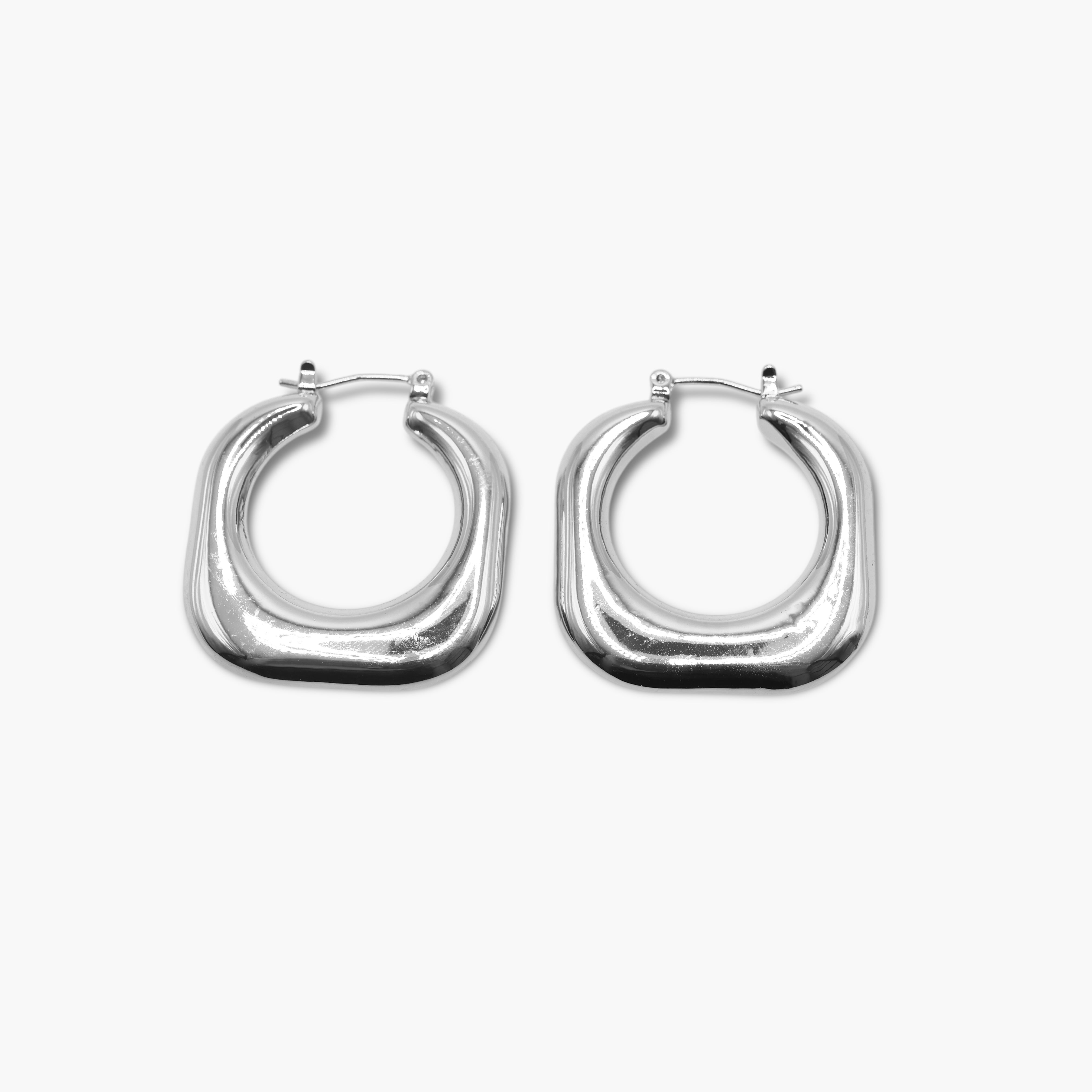 A pair of gold-colored hoop earrings with a square round shape designed to resemble mini hoops.