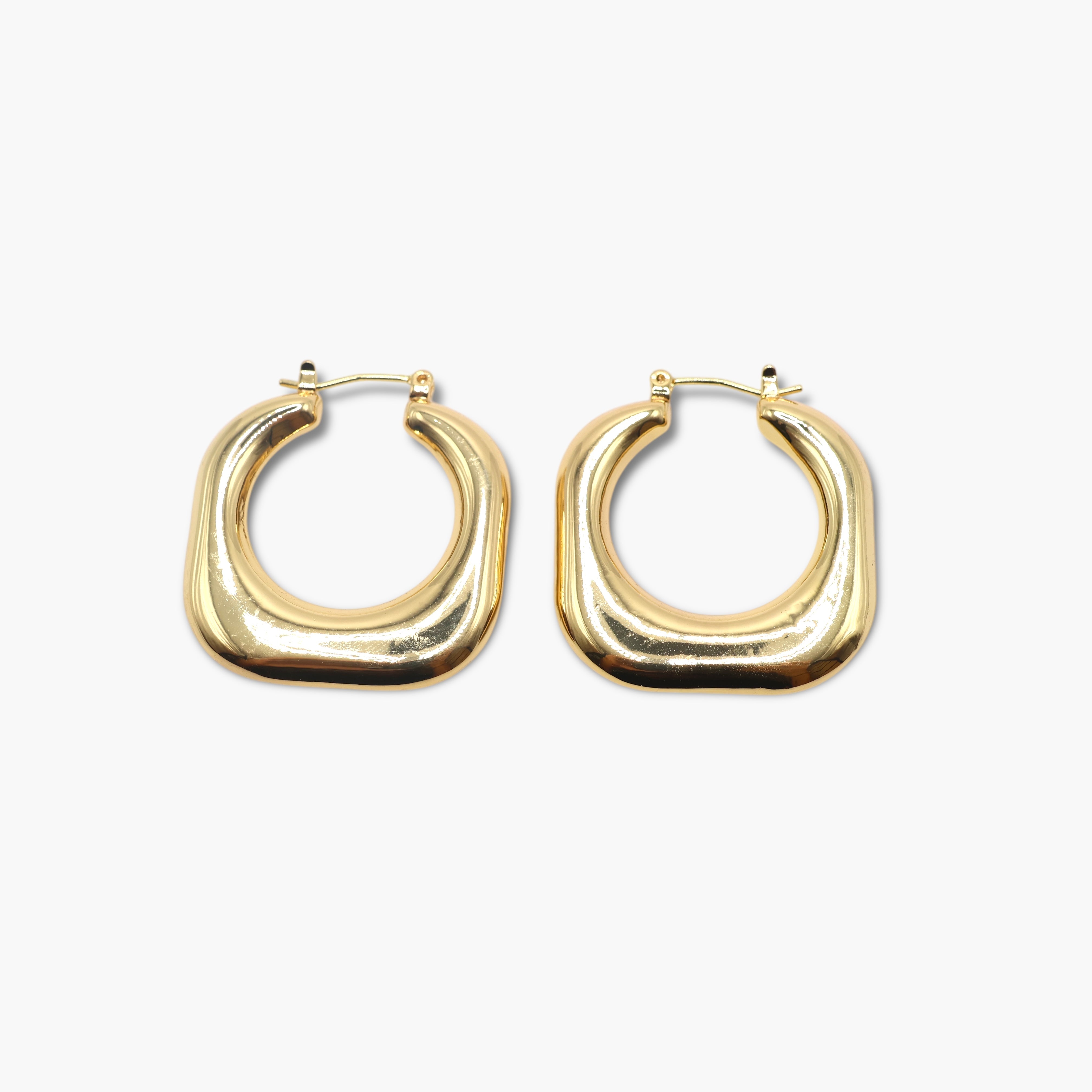 A pair of gold-colored hoop earrings with a square round shape designed to resemble mini hoops.