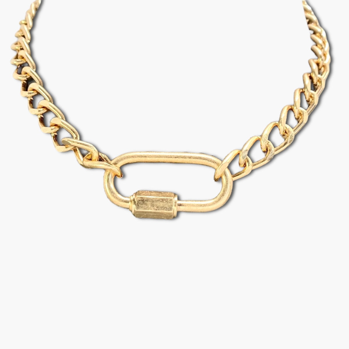 A gold-colored chunky choker necklace with a clip design pendant.