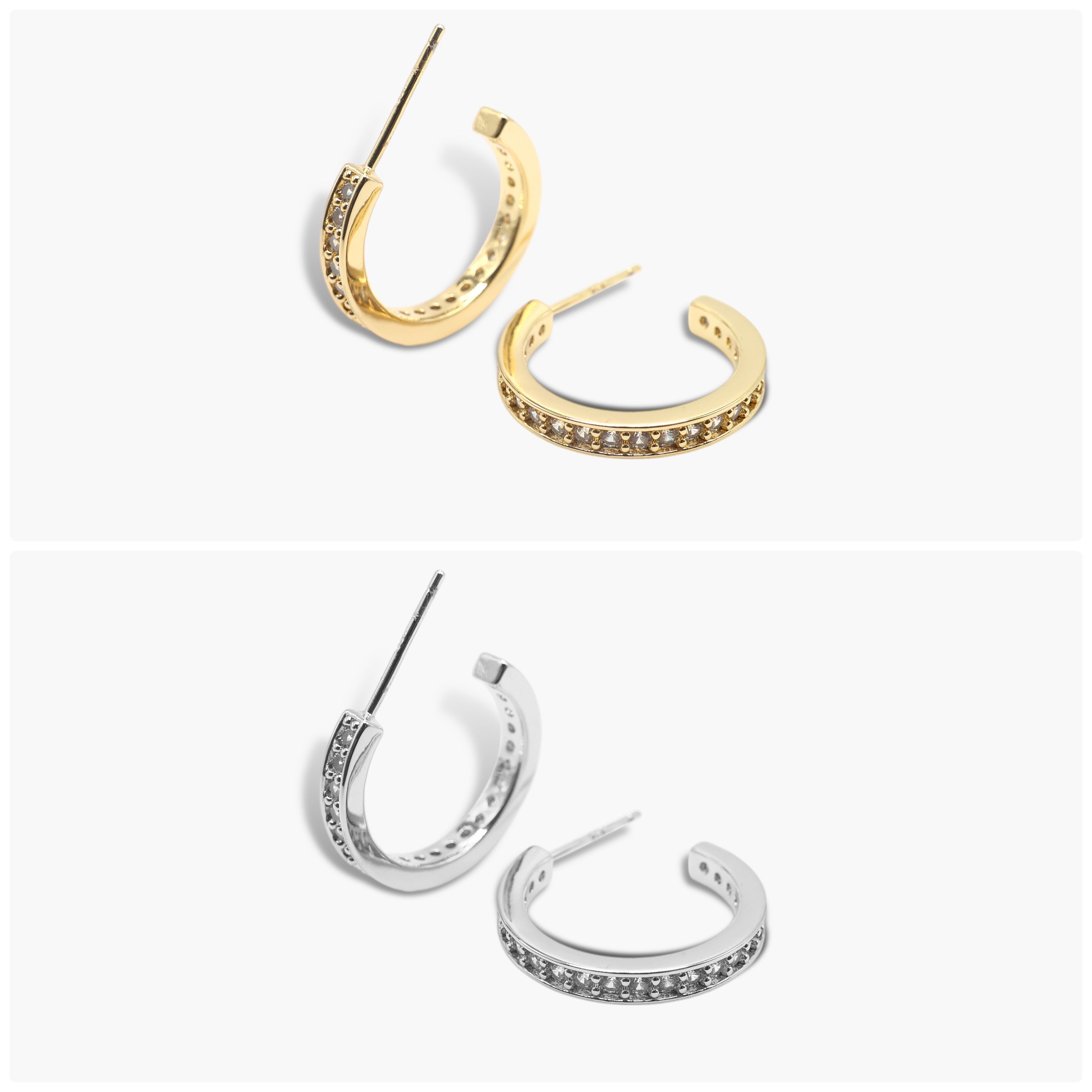 A pair of gold-colored hoop earrings with diamond accents, displayed against a white background. The earrings have an open hoop design with a small hoop size.