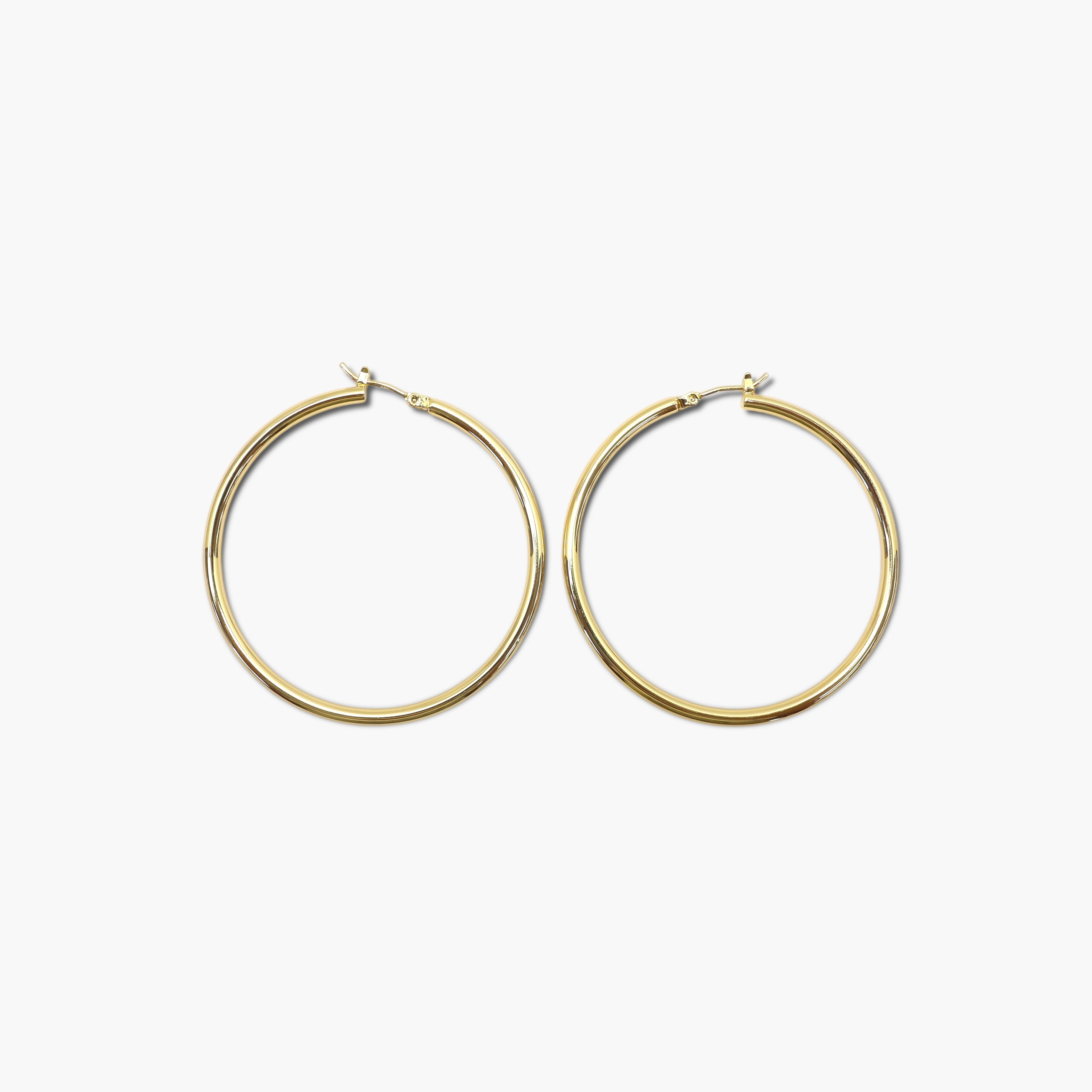 A pair of gold-colored hoop earrings on a white background