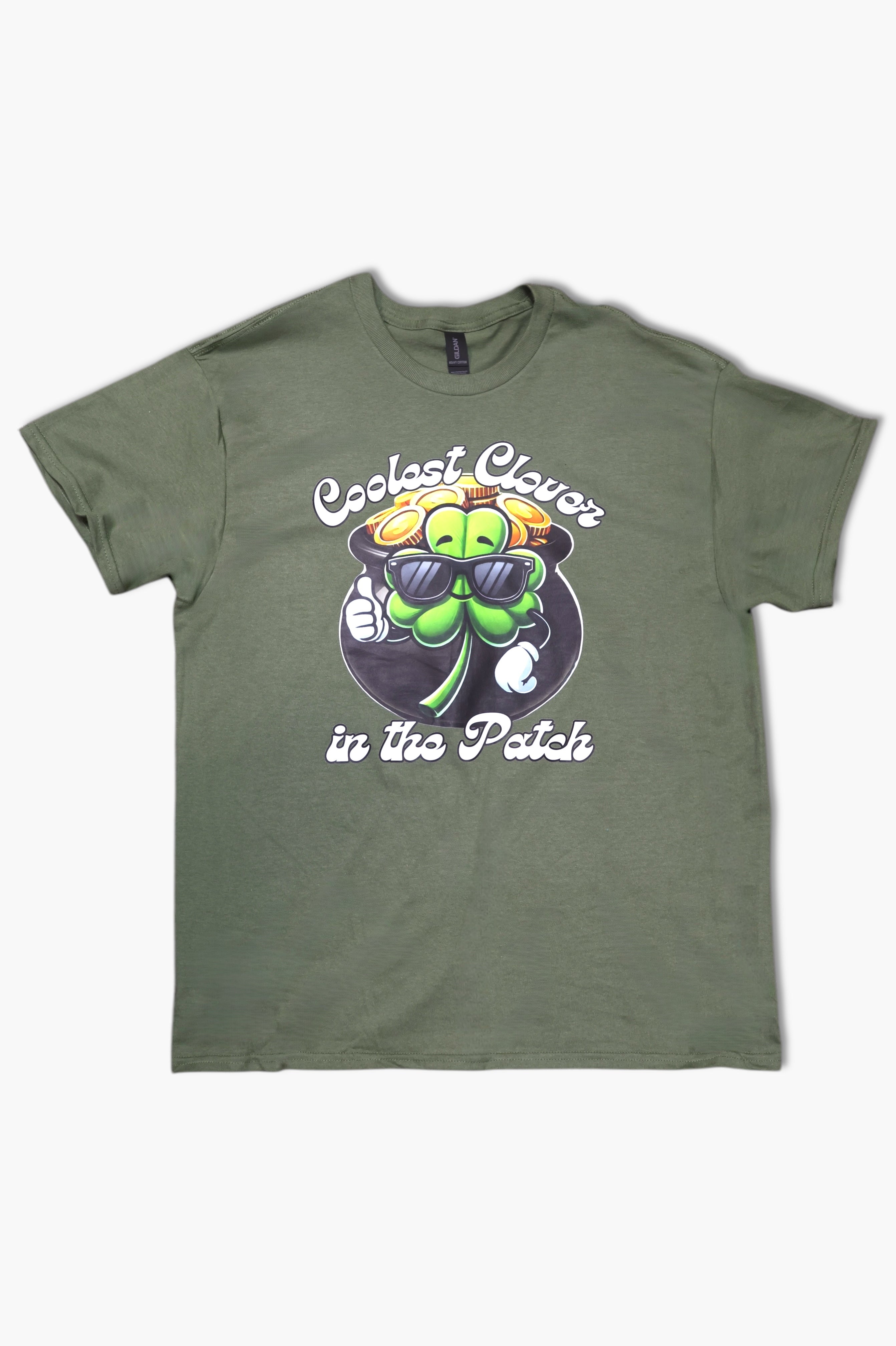 A graphic tee with a green background featuring a clover character and the text 'Coolest Clover in the Patch'.