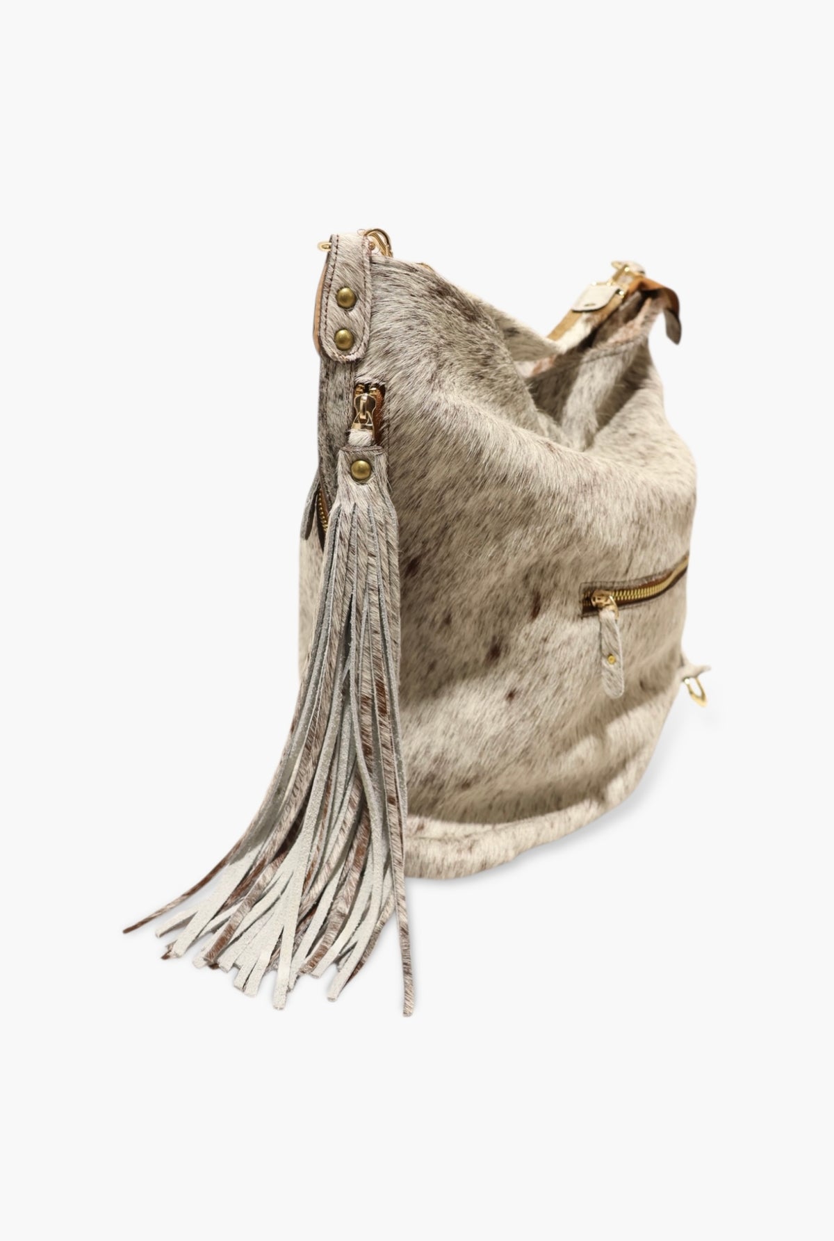 Gray leather handbag with tassels on a white background