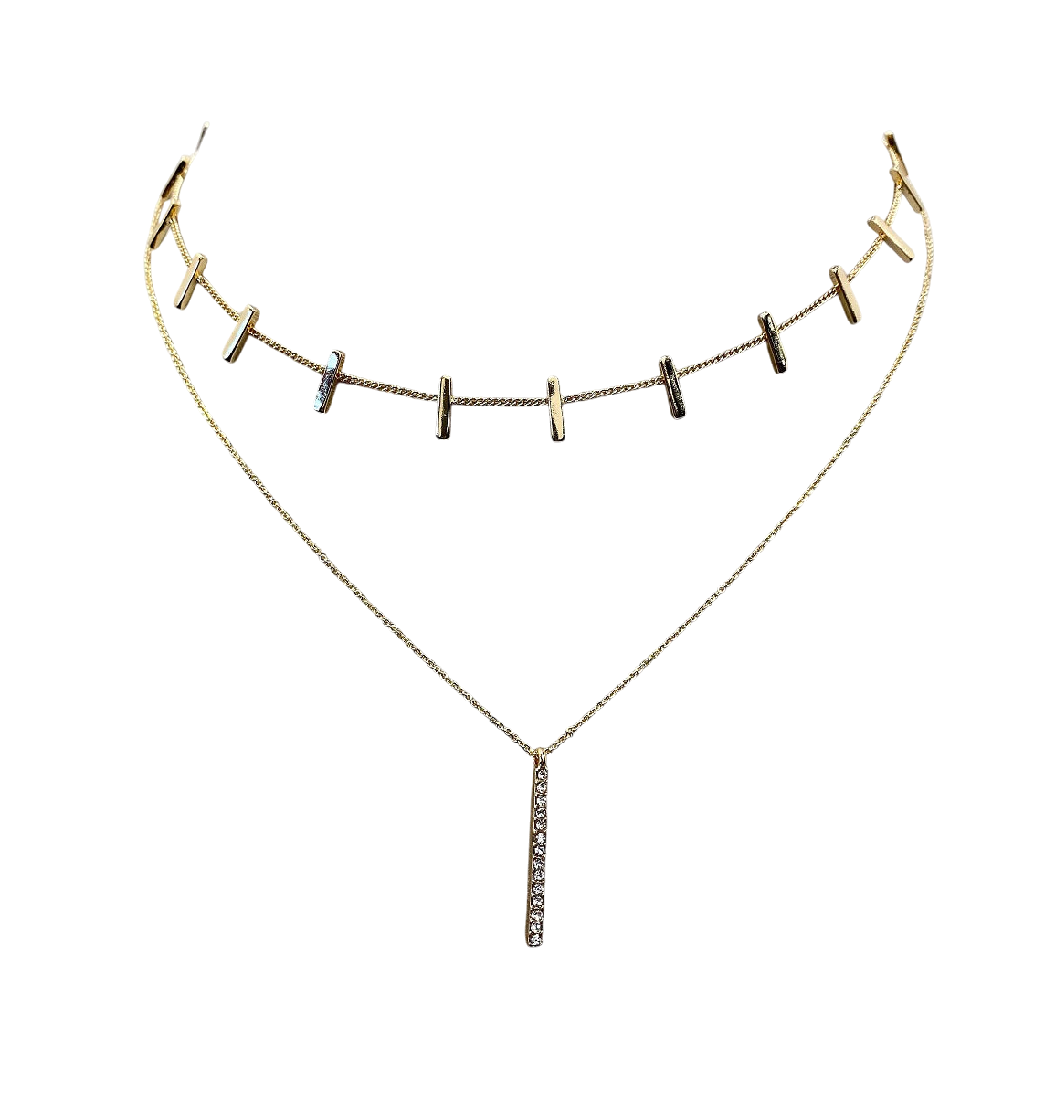 Gold necklace with small pendant on a white background