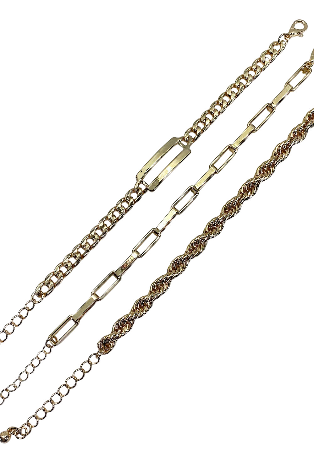 A three gold bracelets on a white background