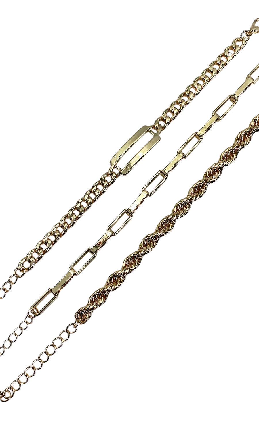 A three gold bracelets on a white background
