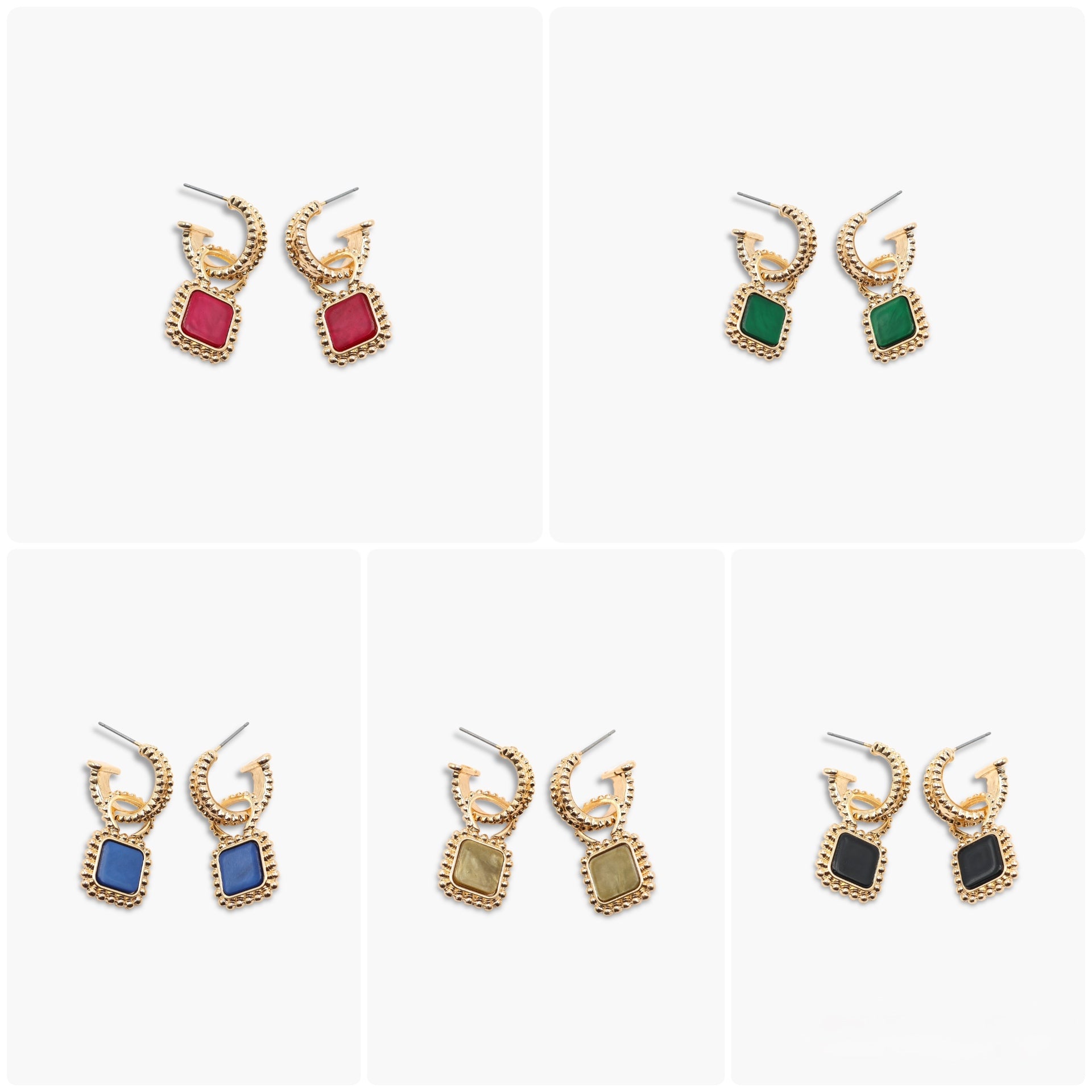 A pair of gold-colored hoop earrings with square-shaped gemstones attached to the hoops.