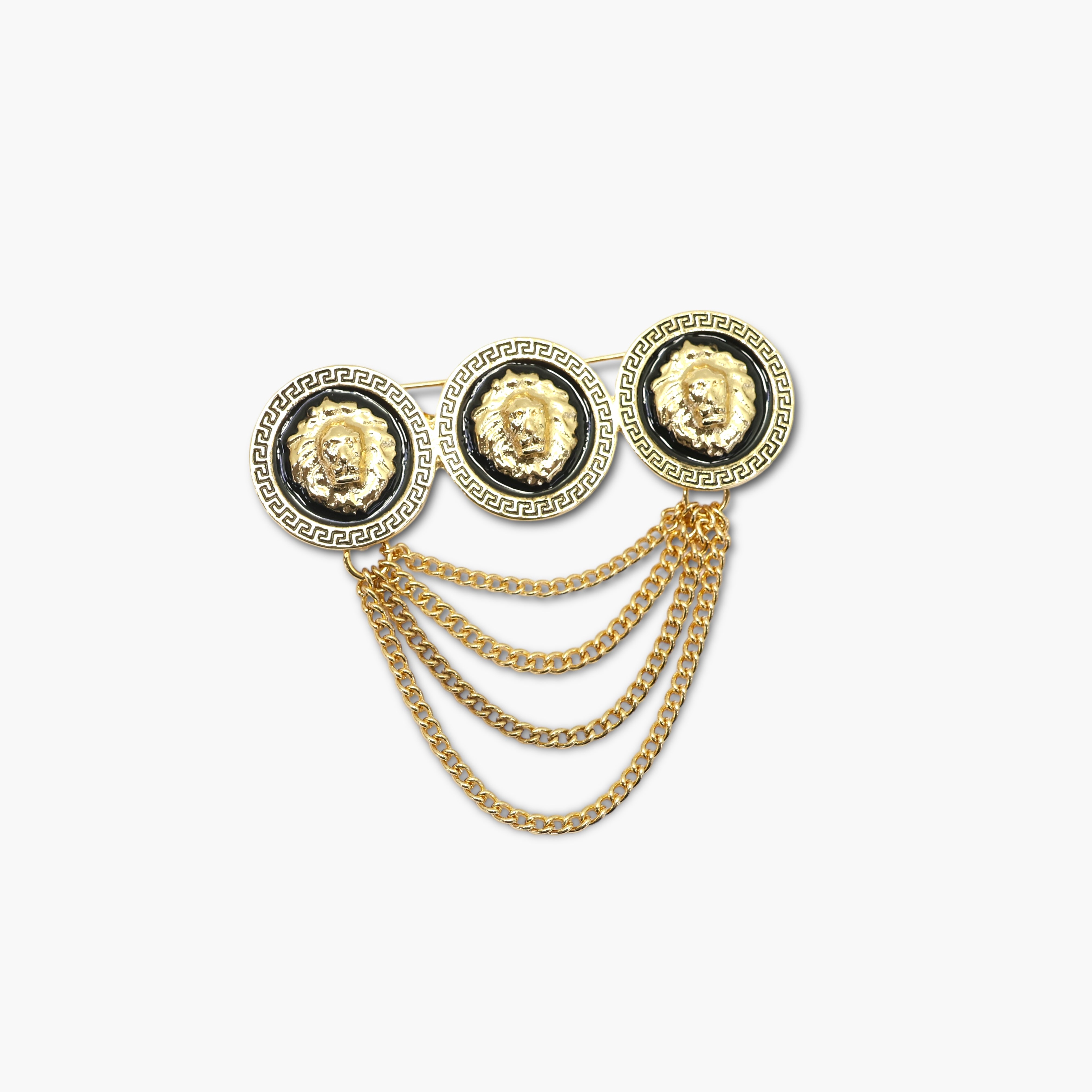 Gold brooch with chain details on a white background