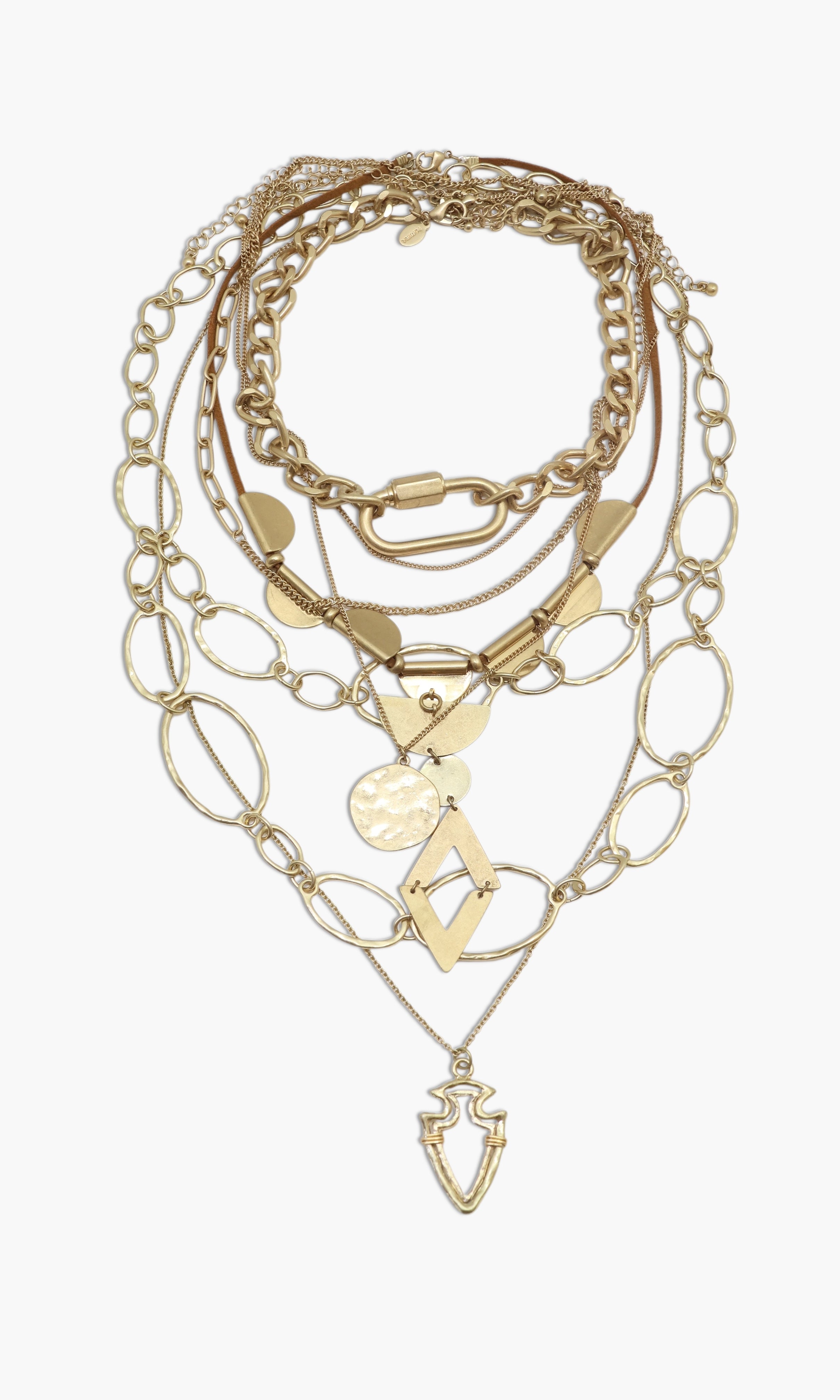 A set of gold-colored necklaces with various chain link styles and decorative elements, arranged to form a stack.