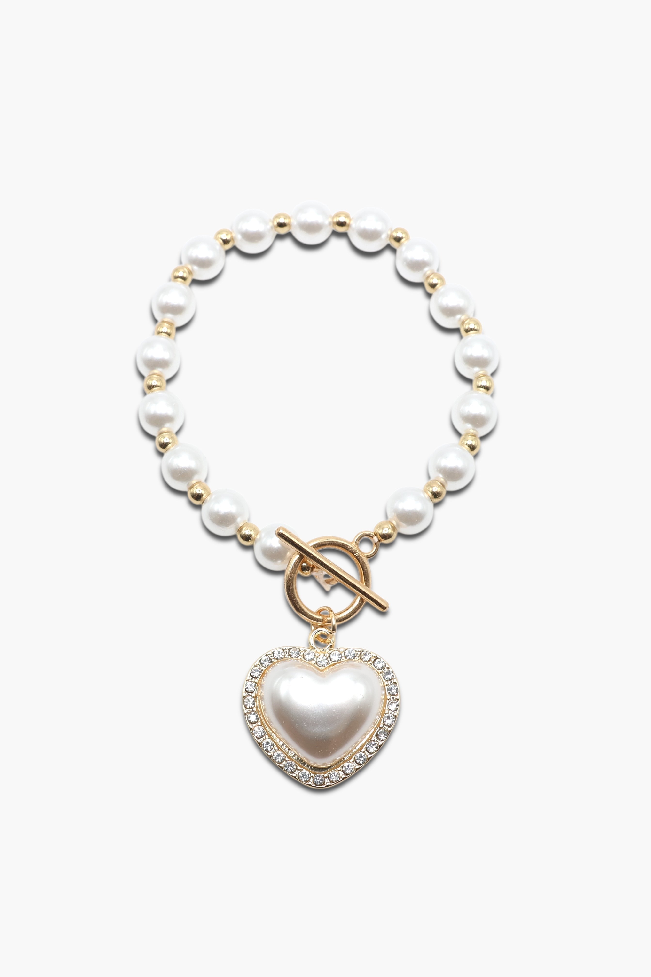 Pearl necklace with a heart-shaped pendant on a white background