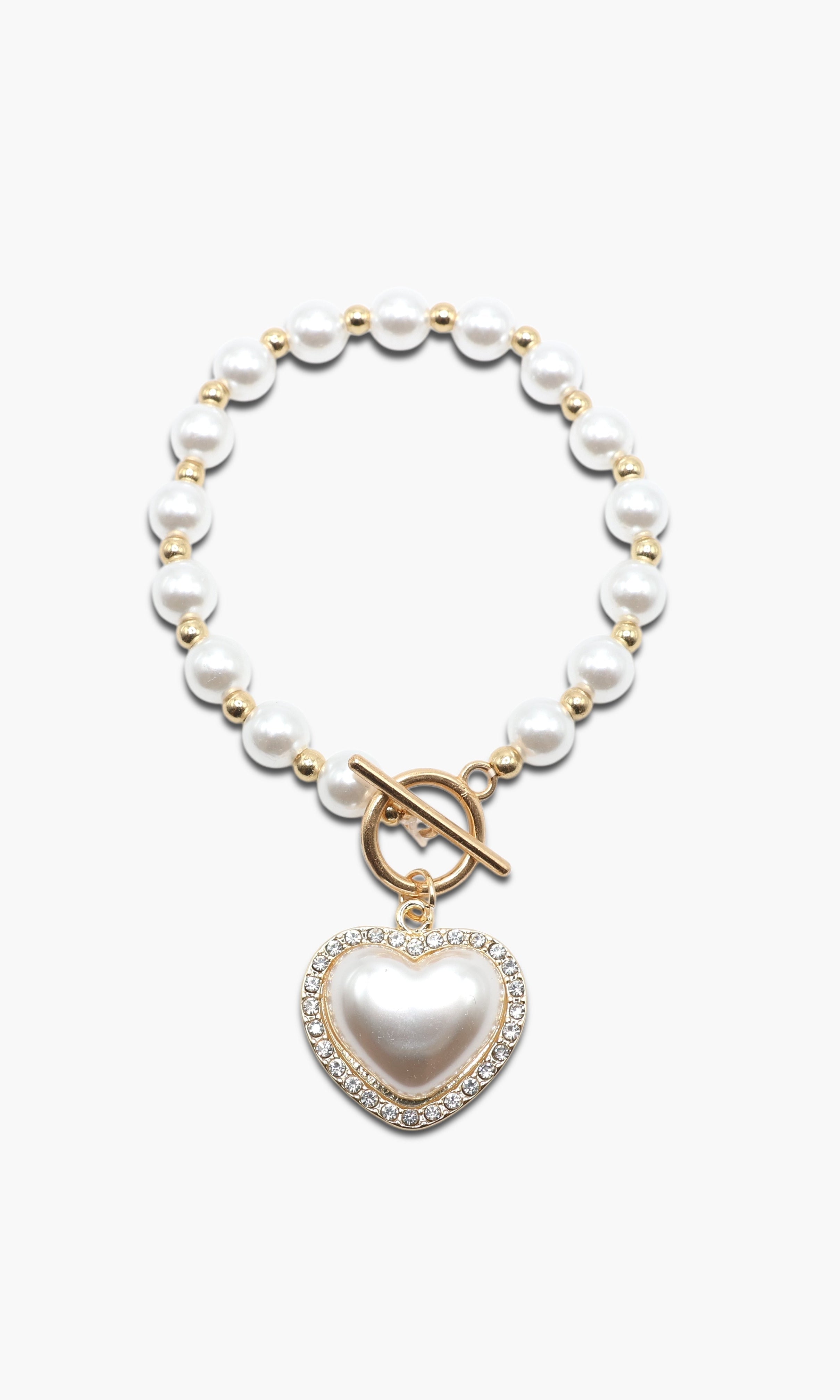 Pearl necklace with a heart-shaped pendant on a white background