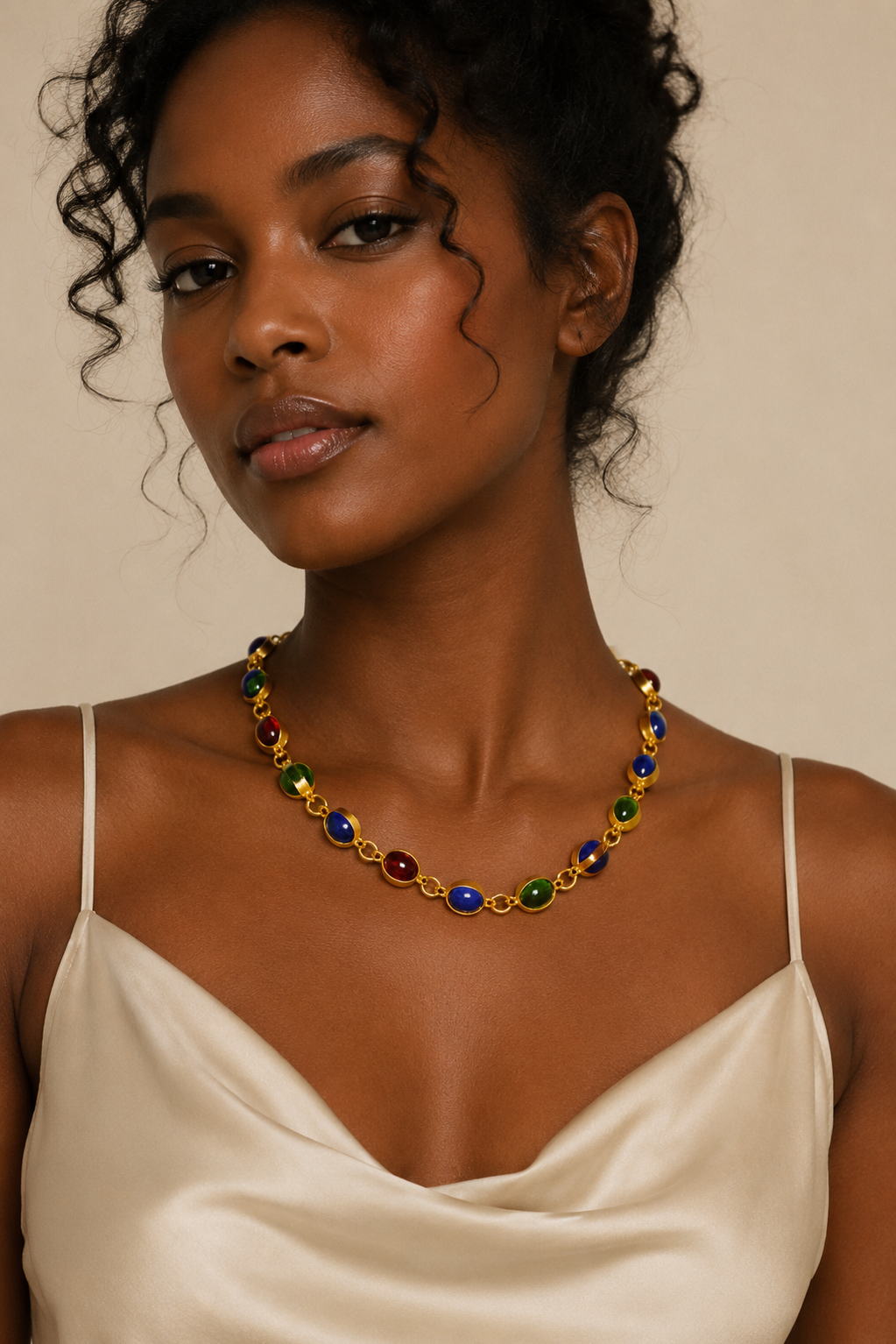 Model wearing a statement chain necklace with polished multicolor bezel-set accents styled with a satin camisole for an elegant everyday look.