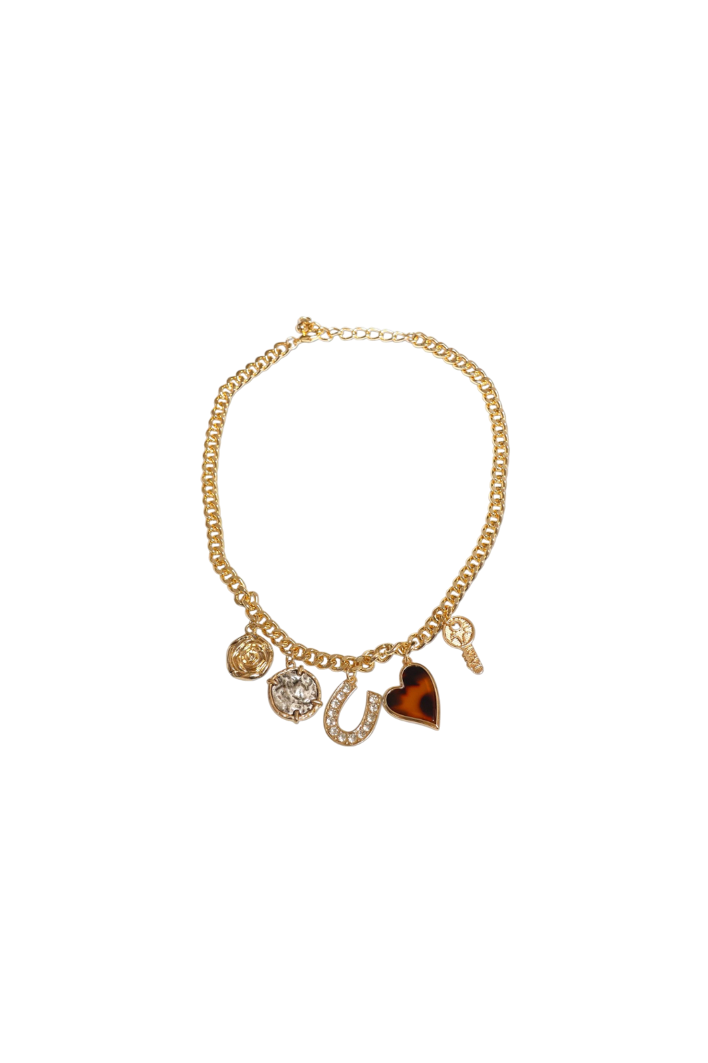 Gold bracelet with charms on a white background