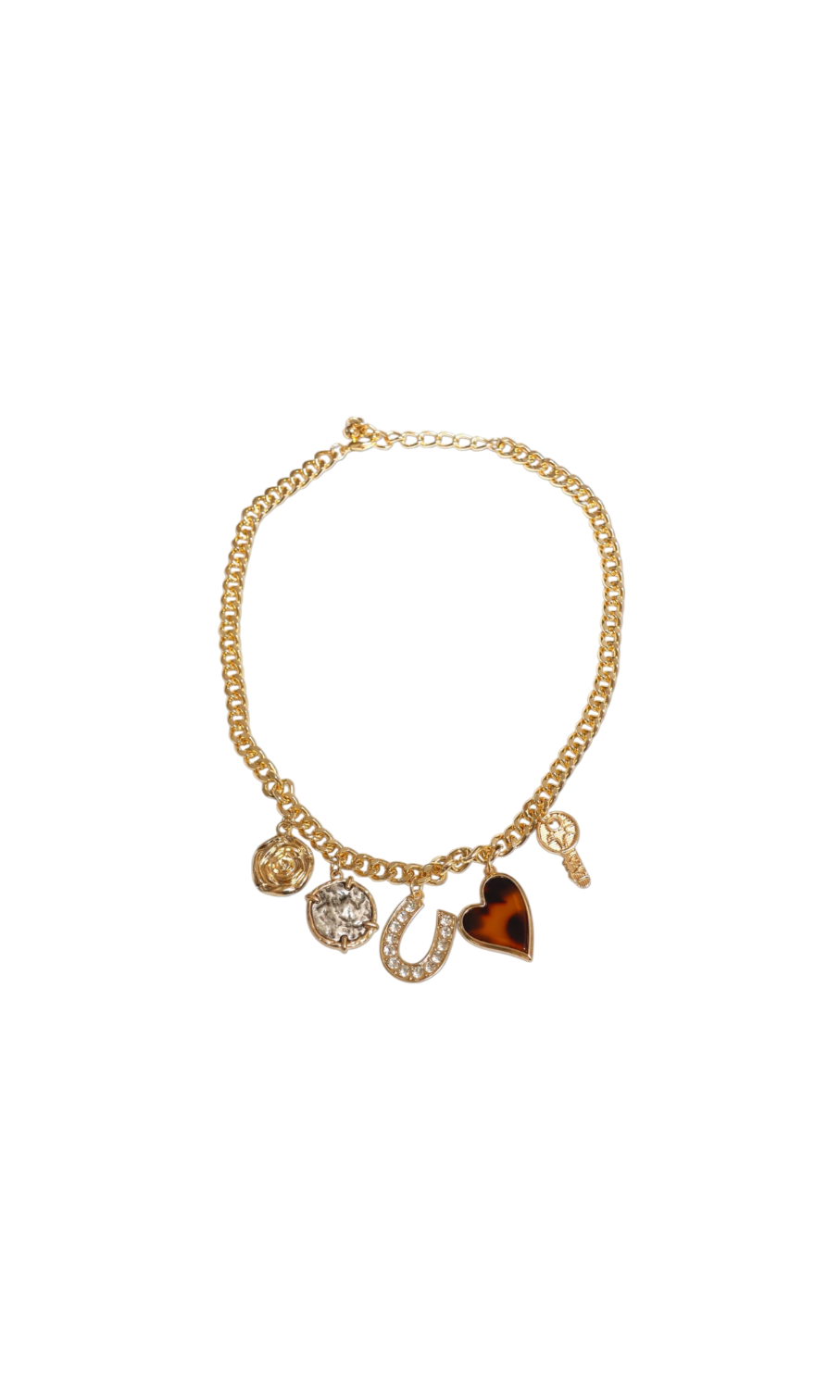 Gold bracelet with charms on a white background