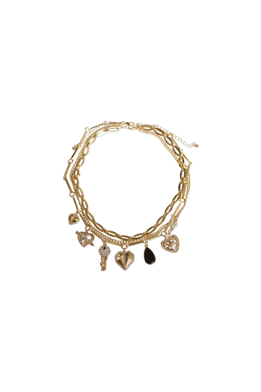 Gold bracelet with various charms on a white background