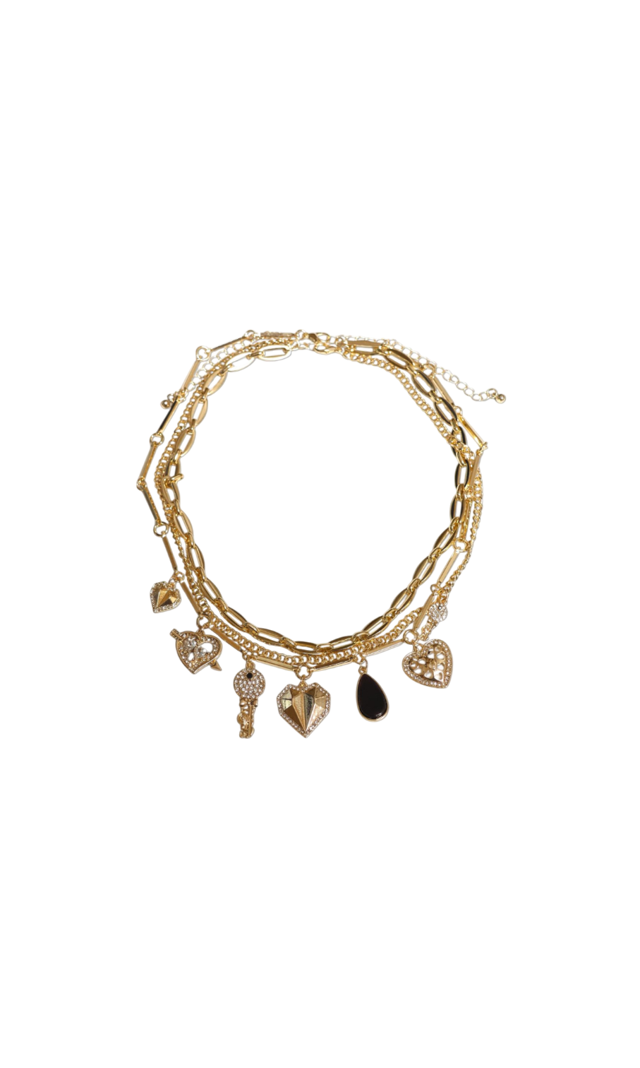 Gold bracelet with various charms on a white background