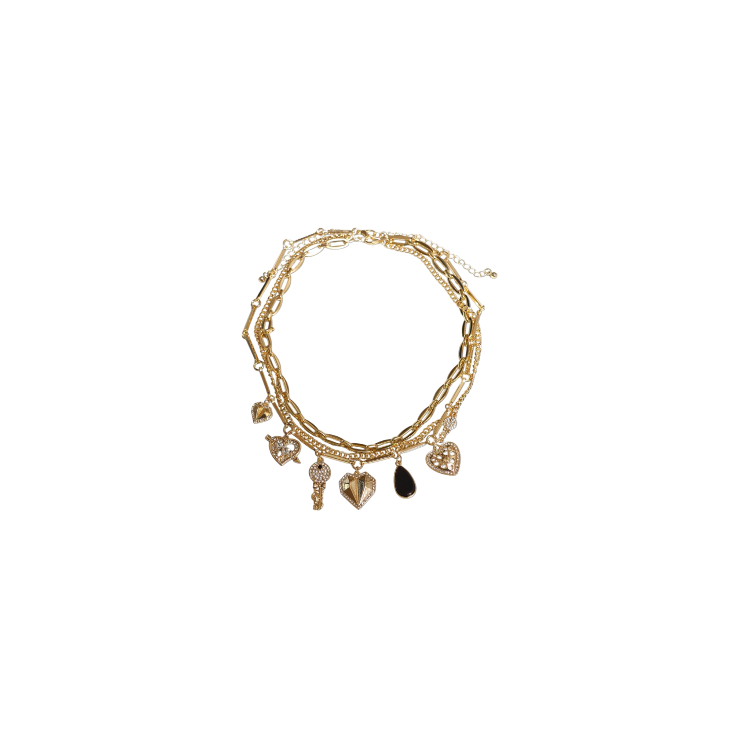Gold bracelet with various charms on a white background