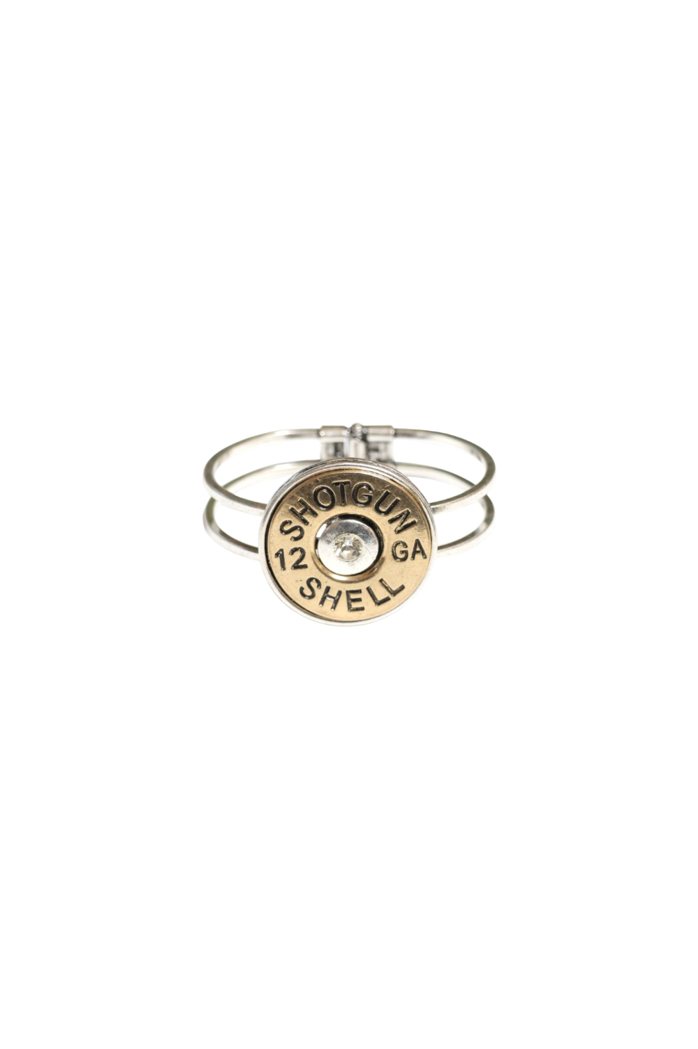 Gold bracelet with 'Shotgun Shell' design on a white background