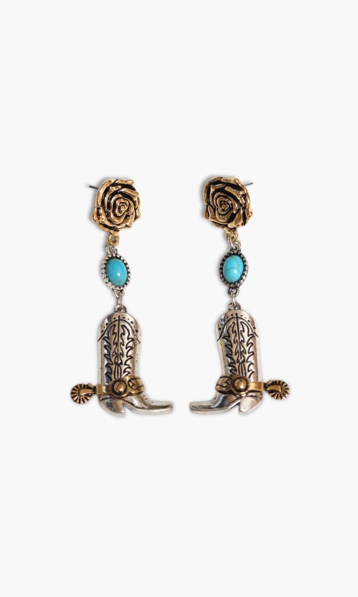 Cowboy boot earrings with turquoise stones on a white background