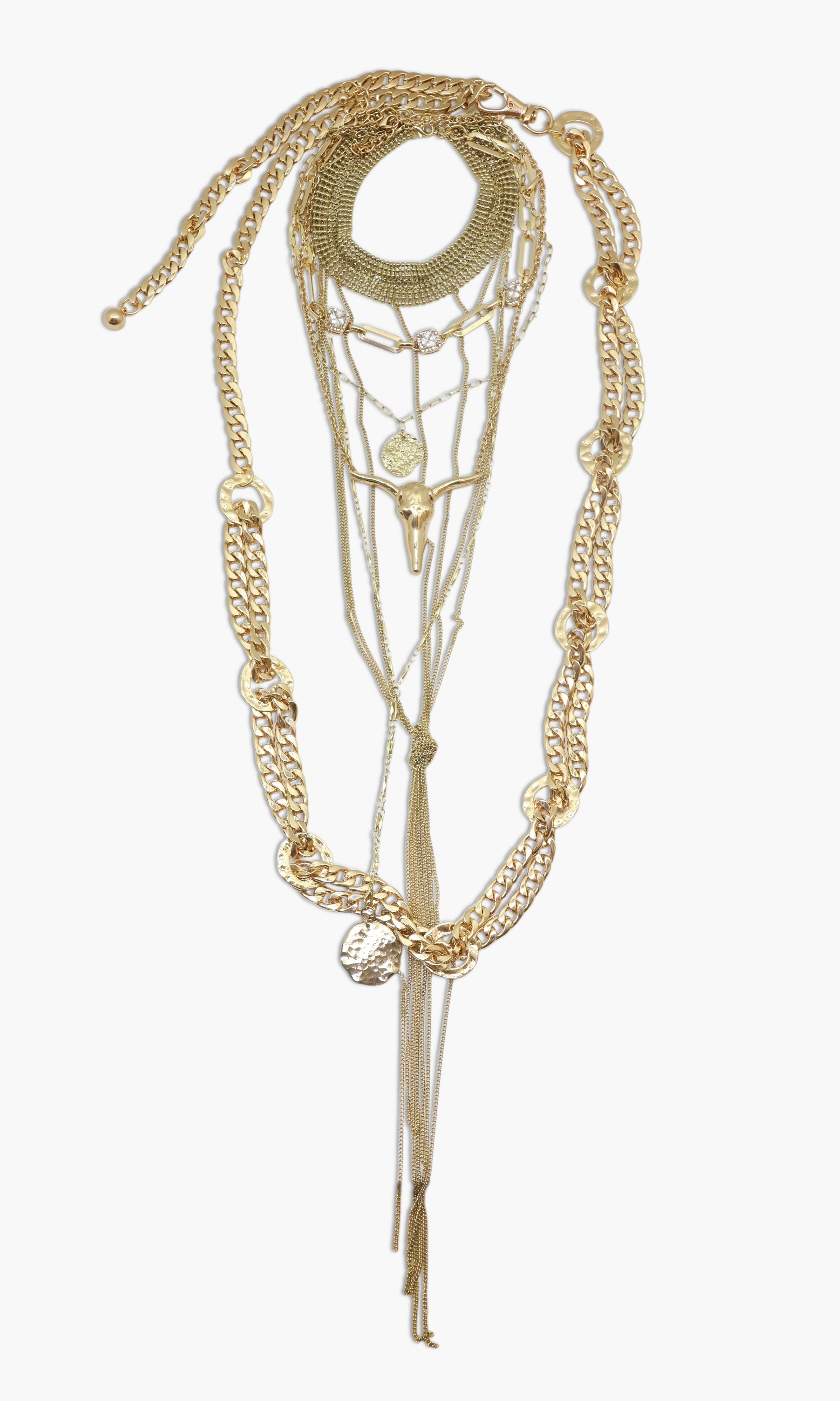 A gold-colored long horn necklace with multiple layers and chain details.