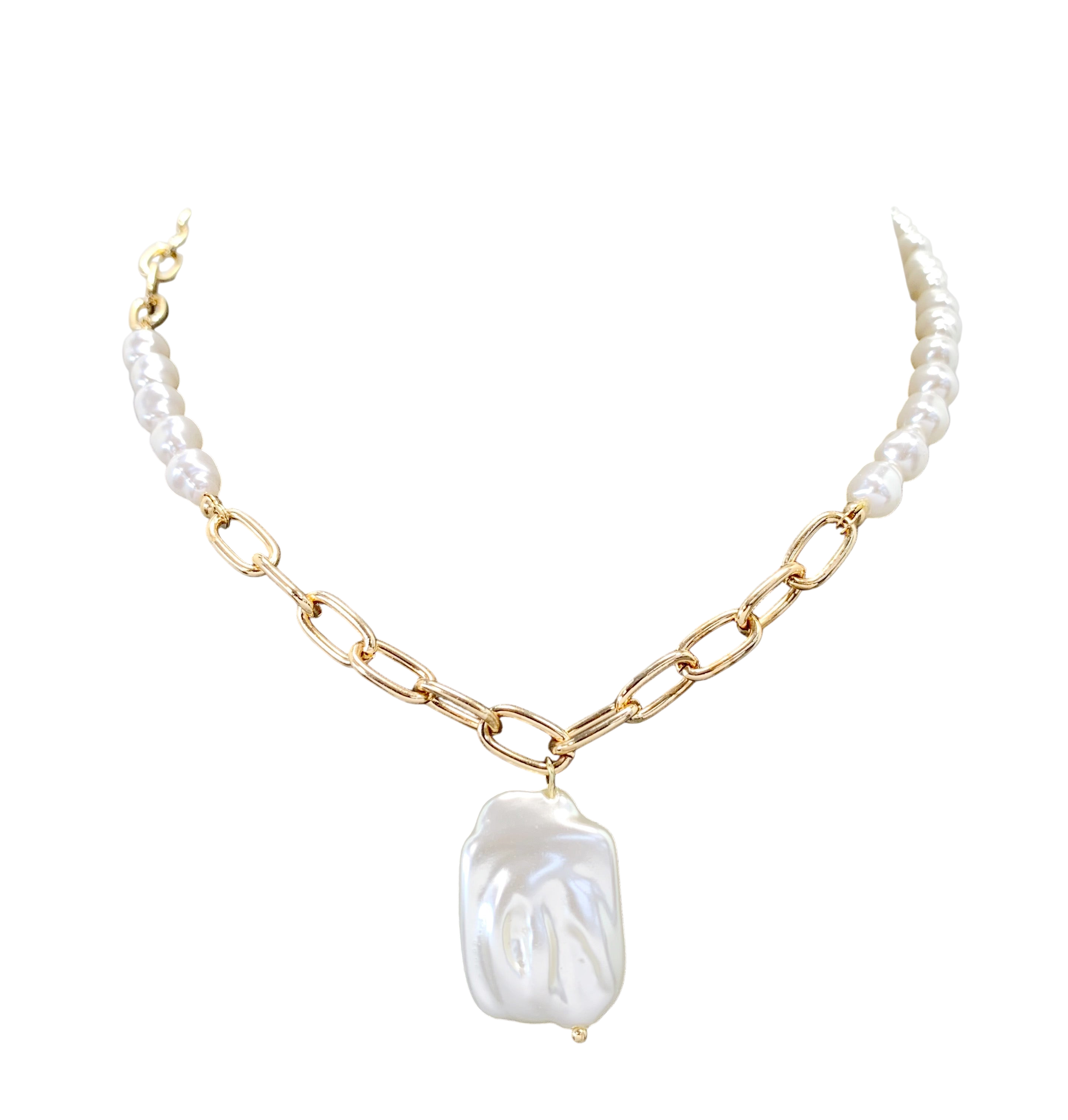 Pearl necklace with a gold chain on a white background