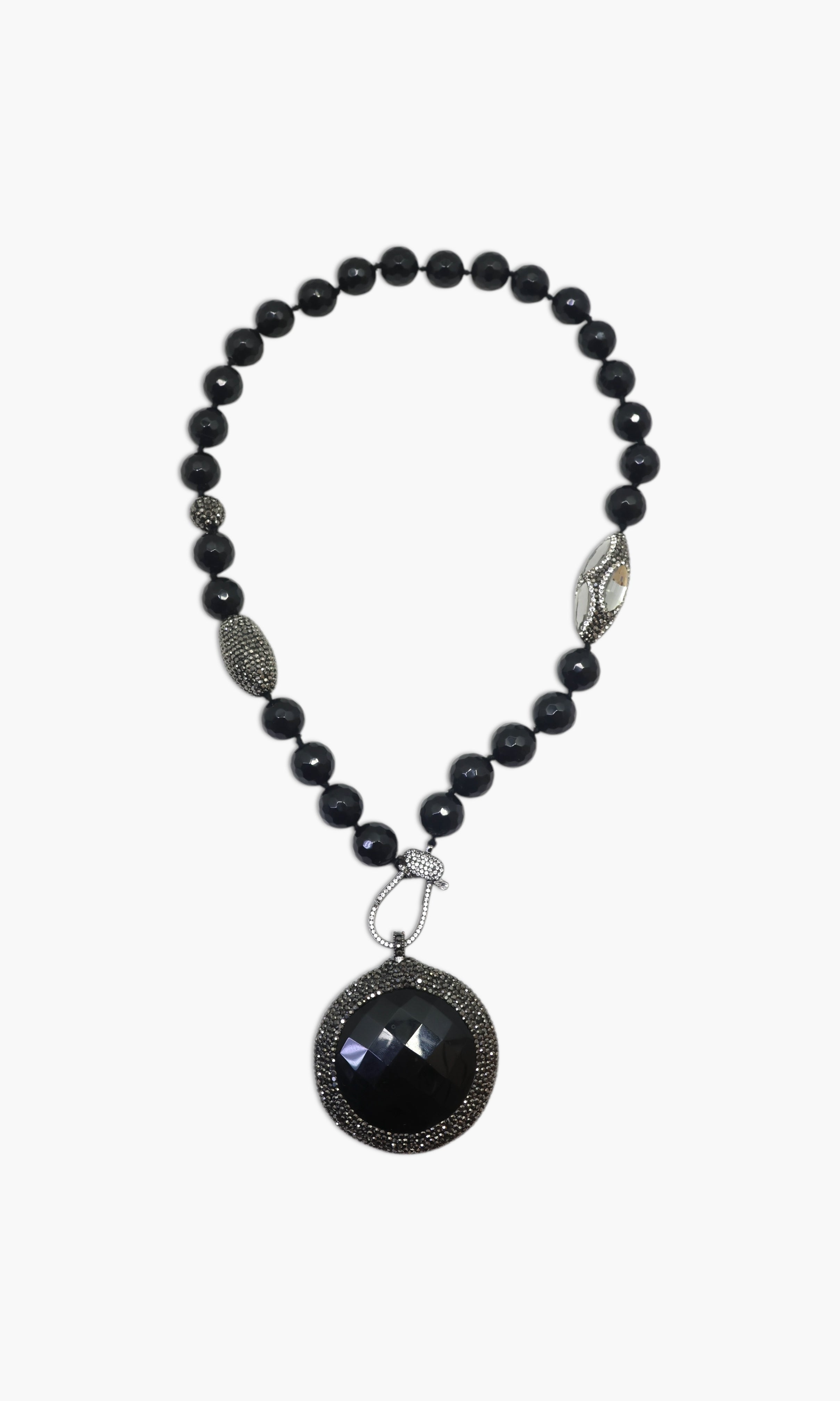 A person wearing multiple necklaces with onyx and gun metal colors.