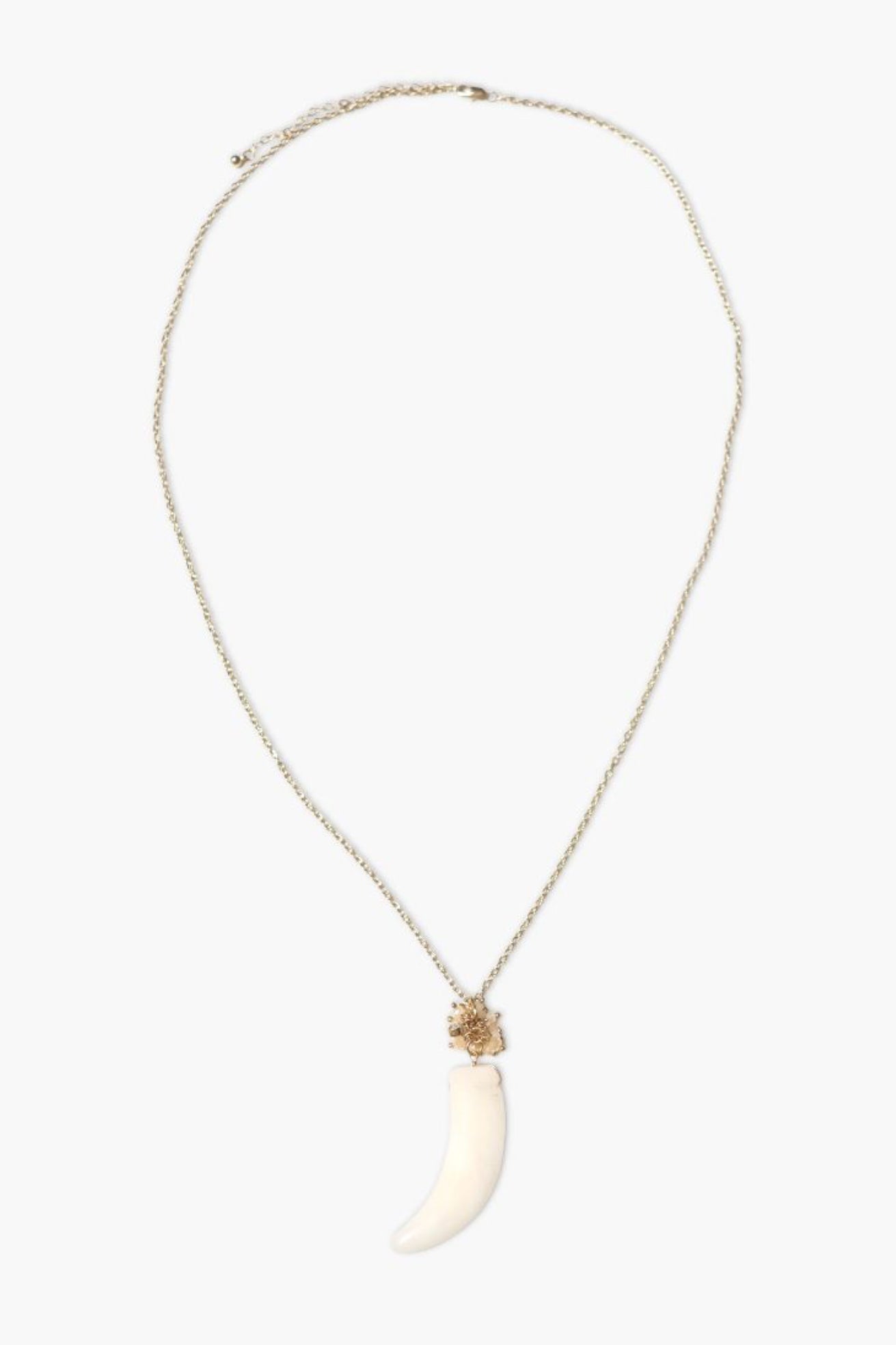 Necklace with a white crescent moon pendant on a white background