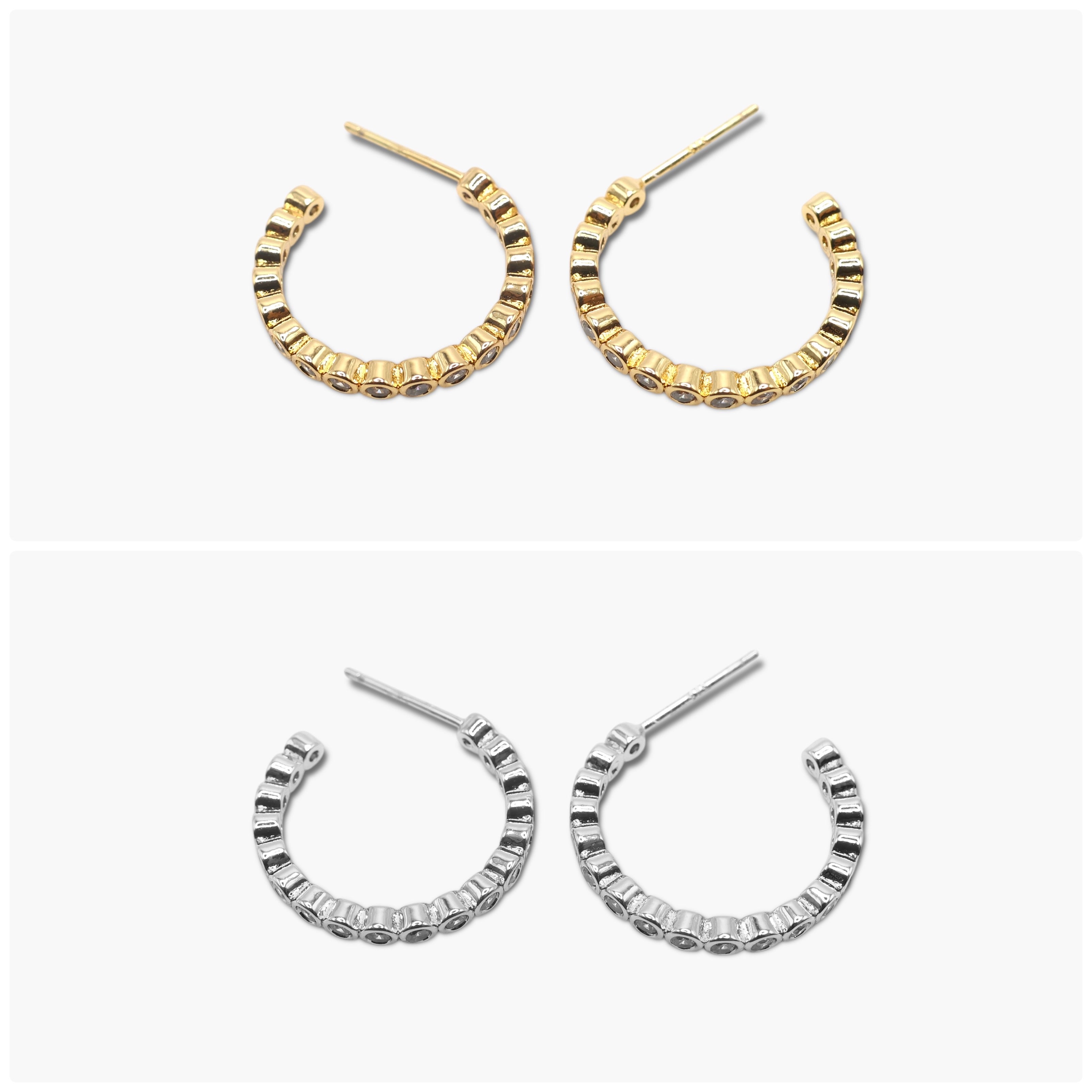 A pair of gold-colored hoop earrings with open hoops and multiple row patterns, and a pair of silver-colored hoop earrings with open hoops and multiple row patterns.