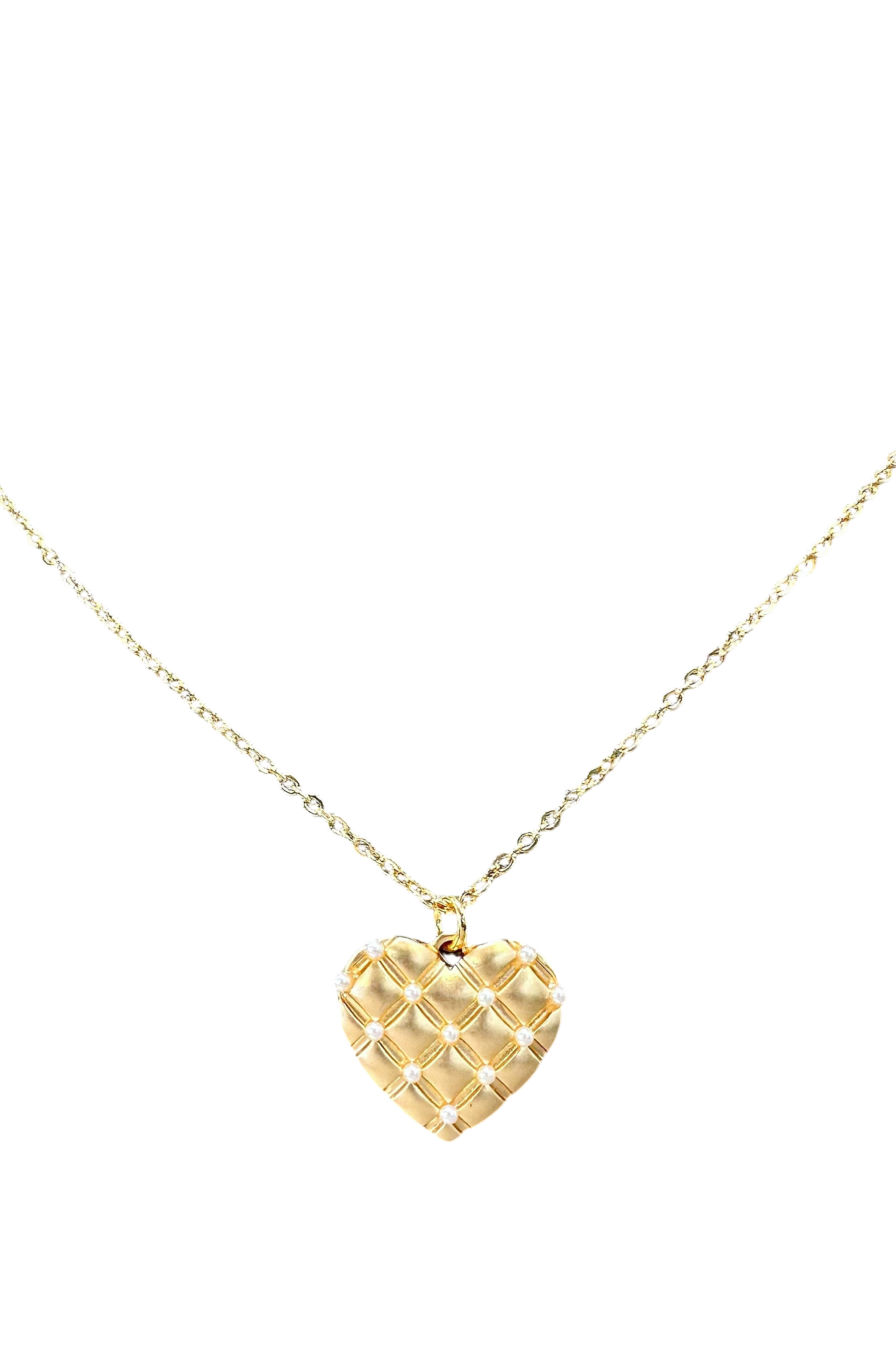 Gold heart-shaped pendant necklace on a white background