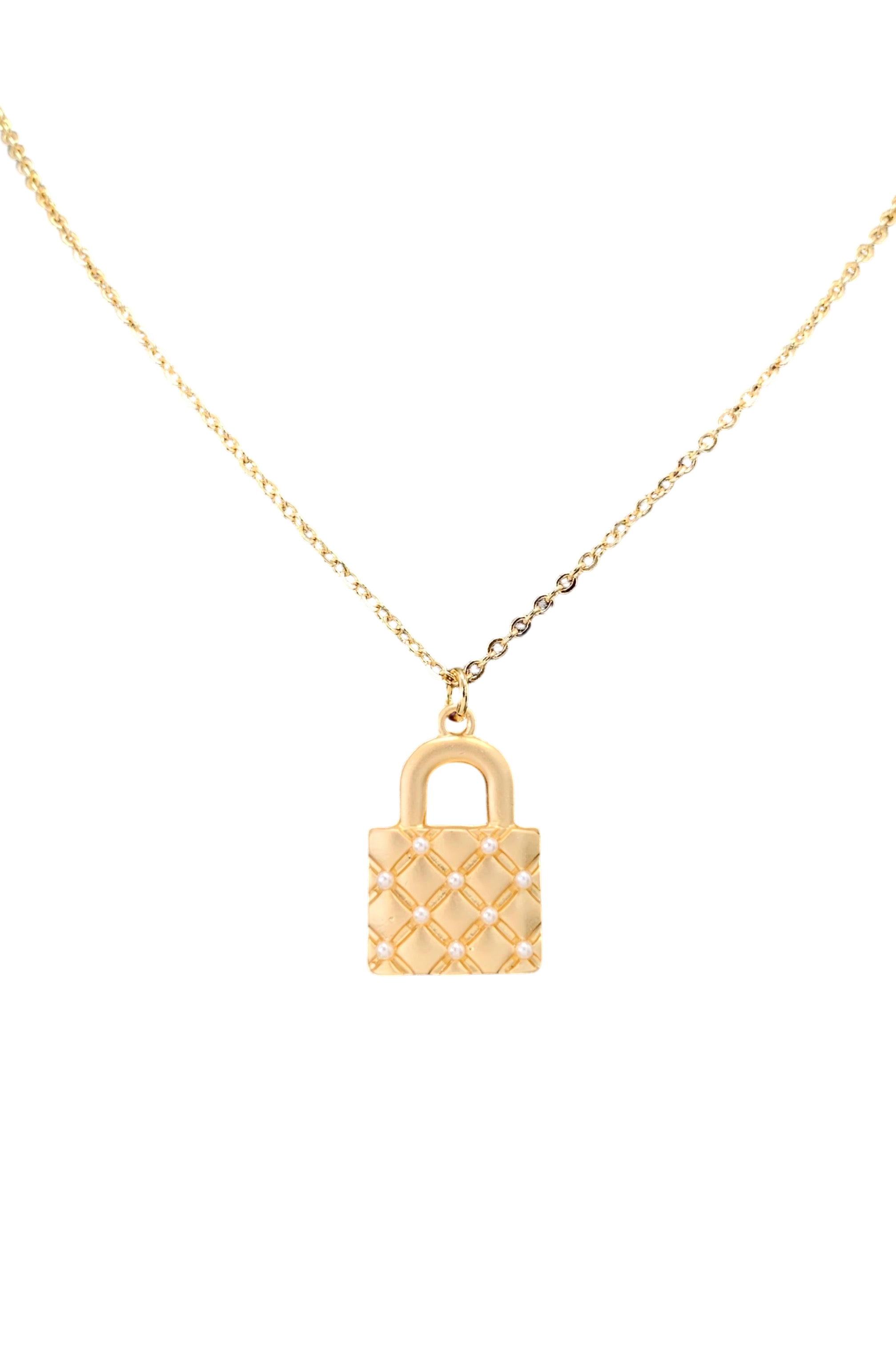 Gold padlock necklace on a white background