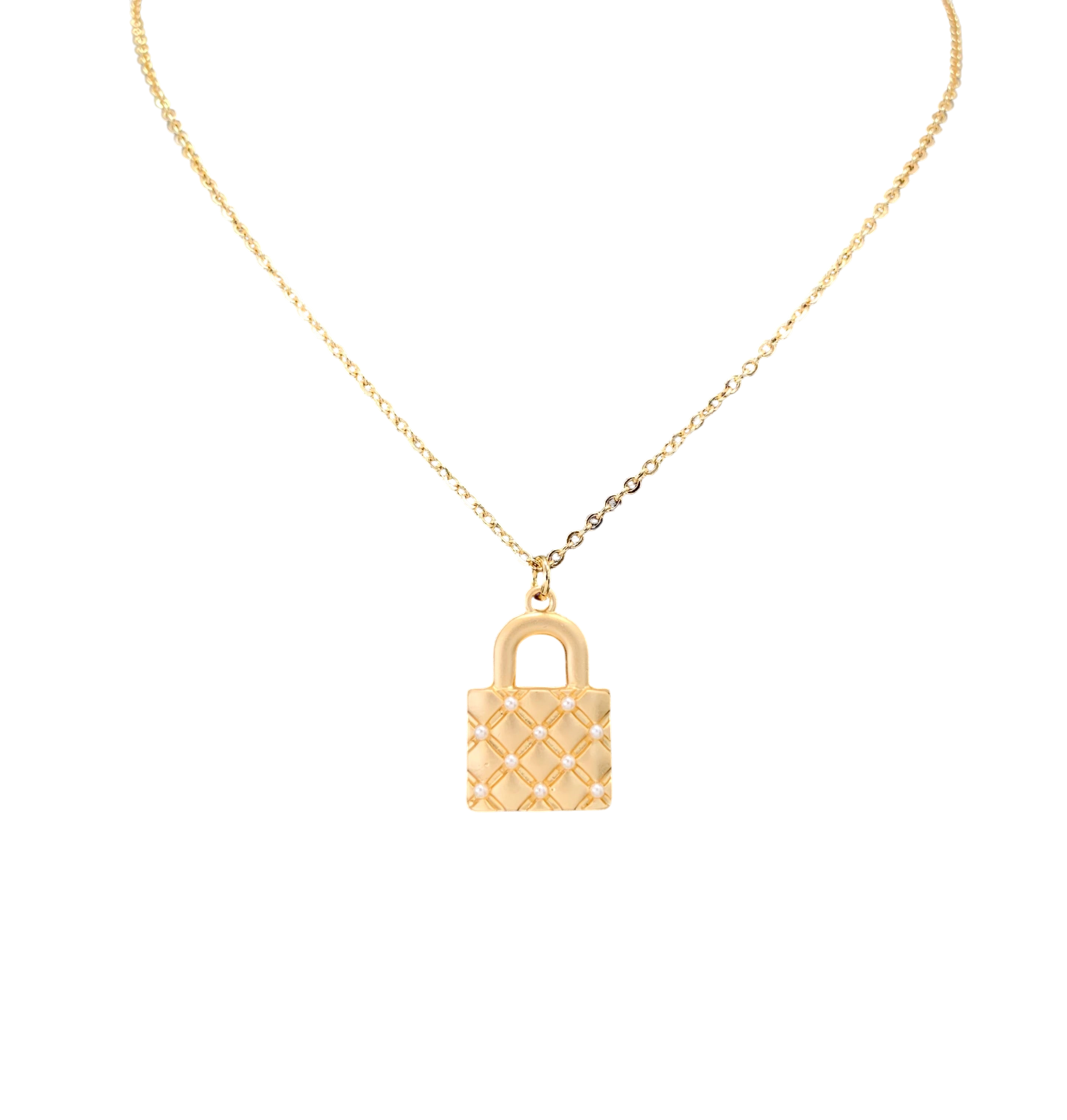 Gold padlock necklace on a white background