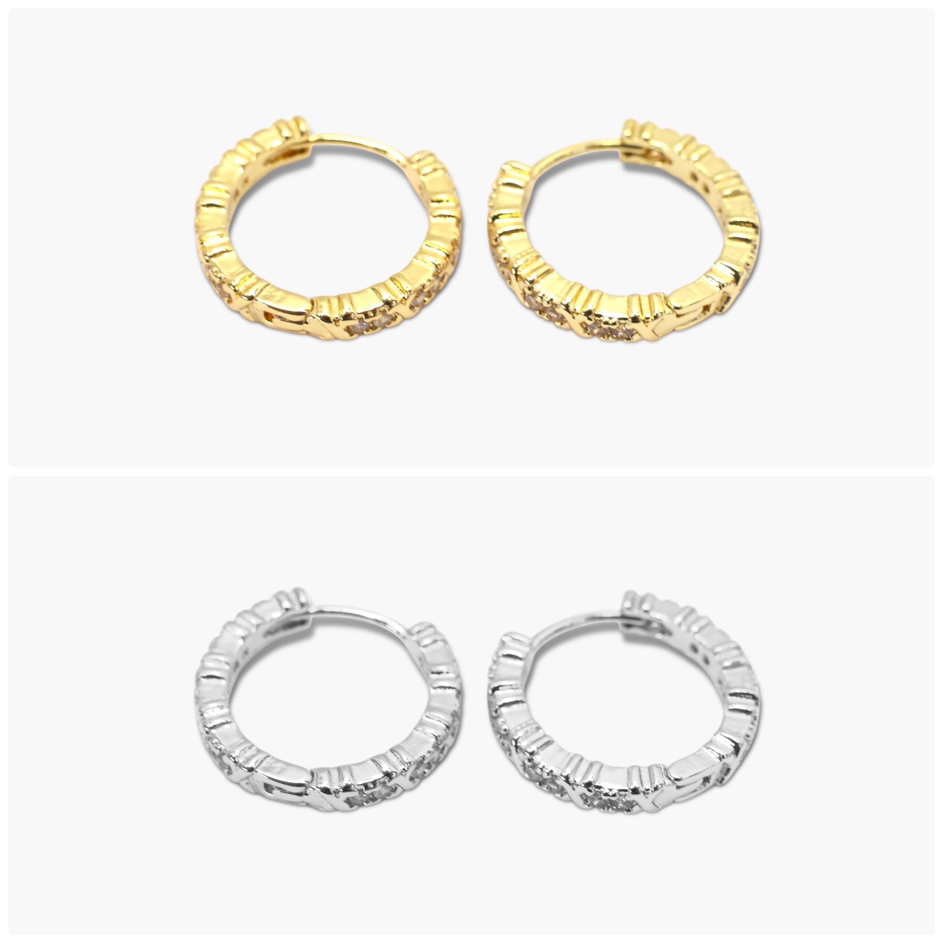 A pair of hoop earrings with a textured surface on a white background.