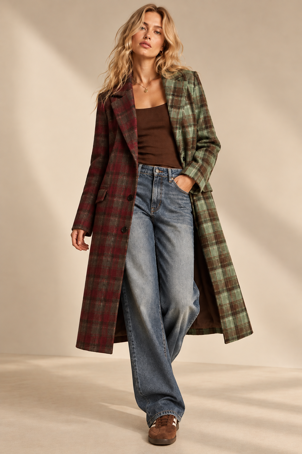Woman wearing plaid coat, brown top, blue jeans, and brown shoes, fashion style.