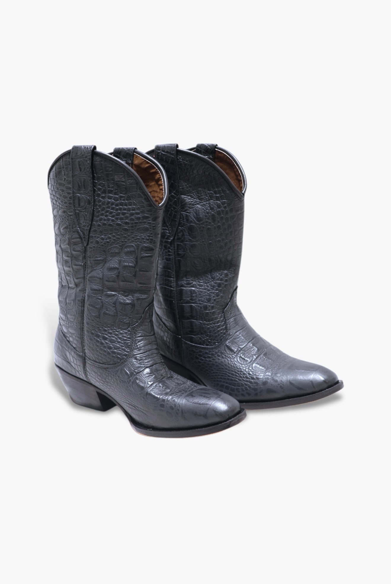 Pair of gray cowboy boots with a textured pattern on a white background