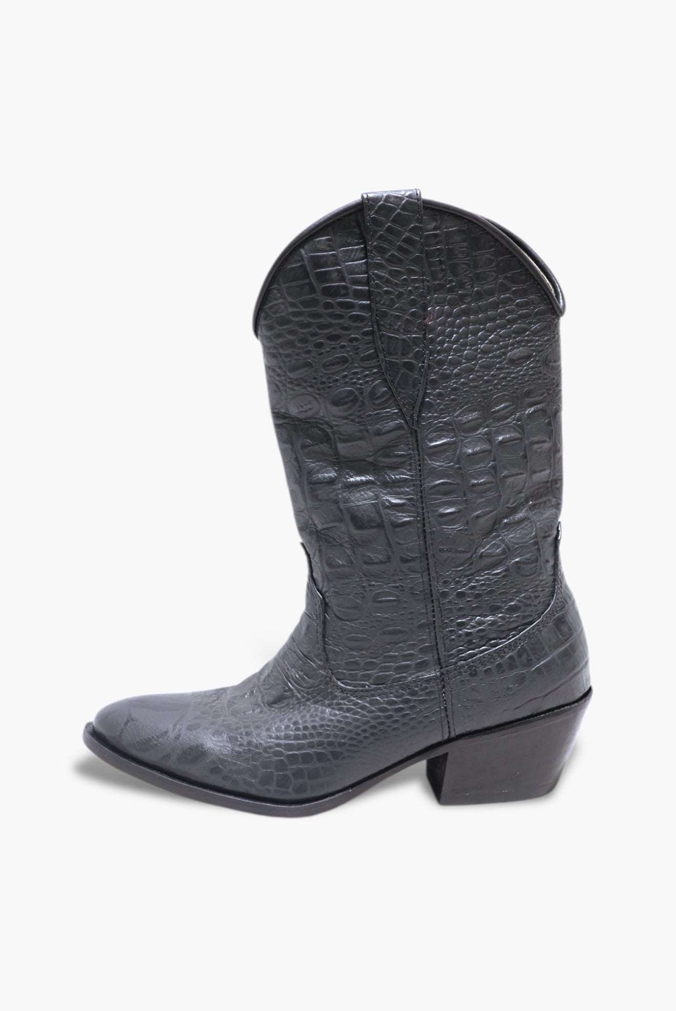Black cowboy boot with crocodile texture on a white background