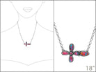 Colorful cross-shaped necklace on a white background with a measurement label.
