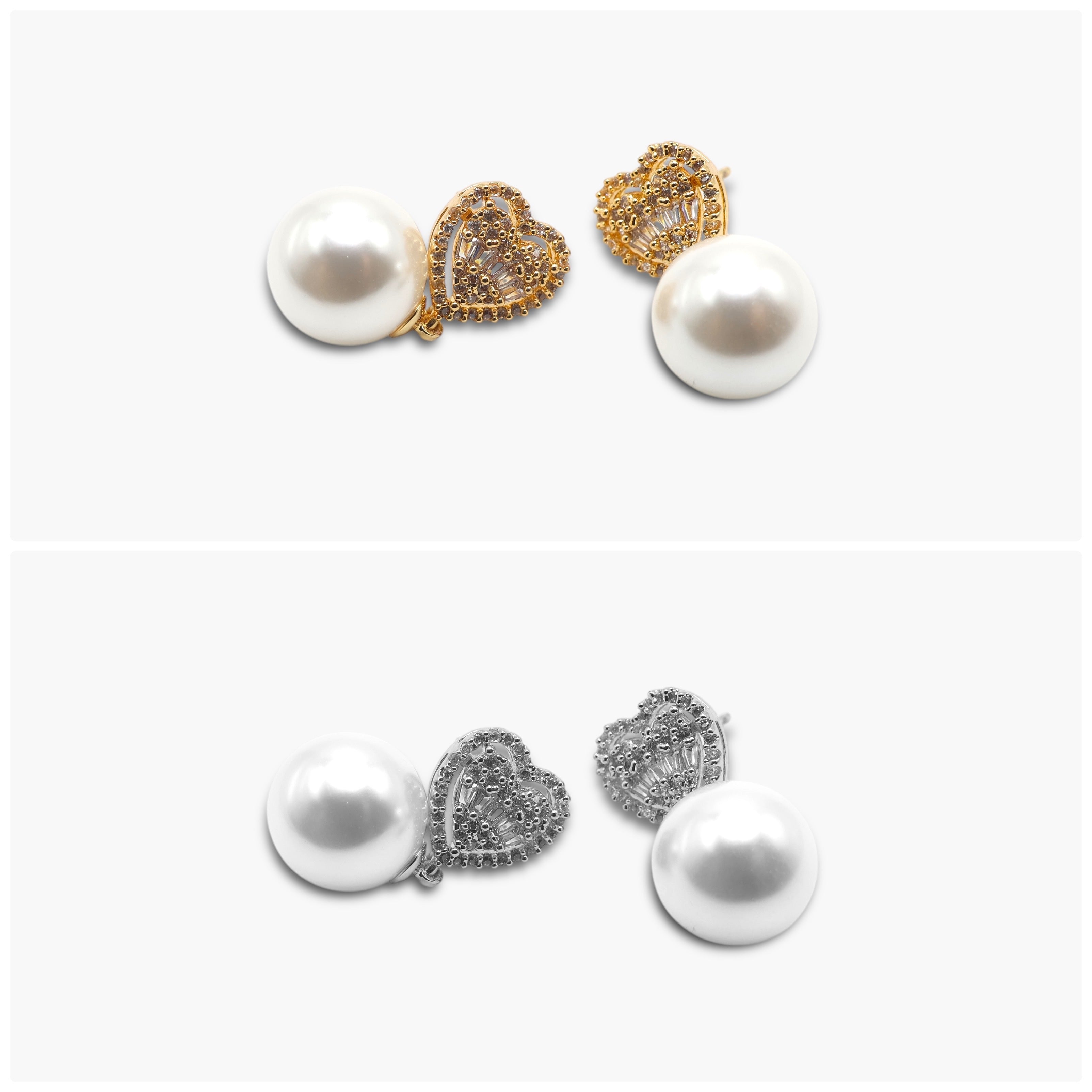 A pair of pearl earrings, one with a single pearl in a heart shape and the other with a chain of pearls. The earrings have a silver tone and a gold tone option.