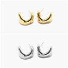 A pair of gold-colored hoop earrings displayed against a white background, with a close-up inset showing the same earrings with a silver finish.