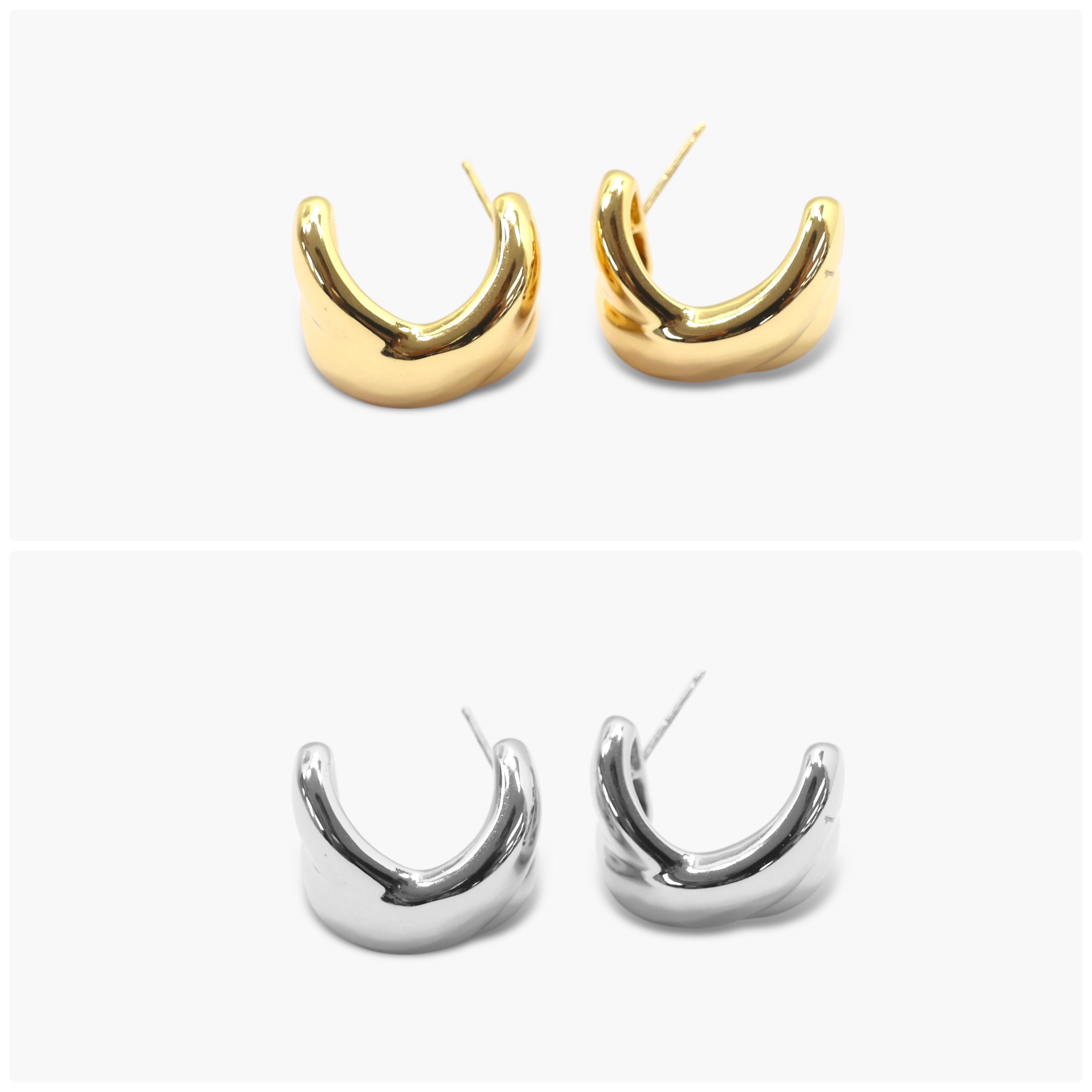 A pair of gold-colored hoop earrings displayed against a white background, with a close-up inset showing the same earrings with a silver finish.