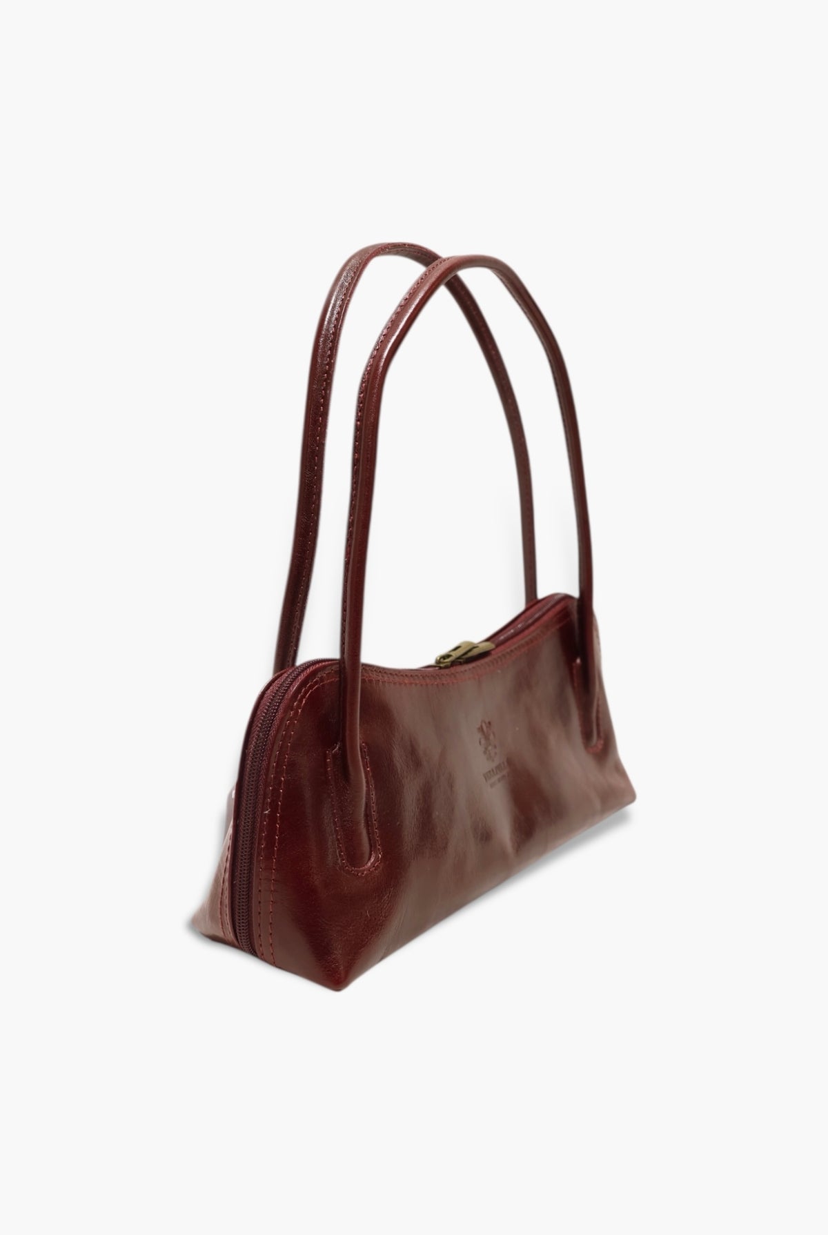 Brown leather handbag on a white background