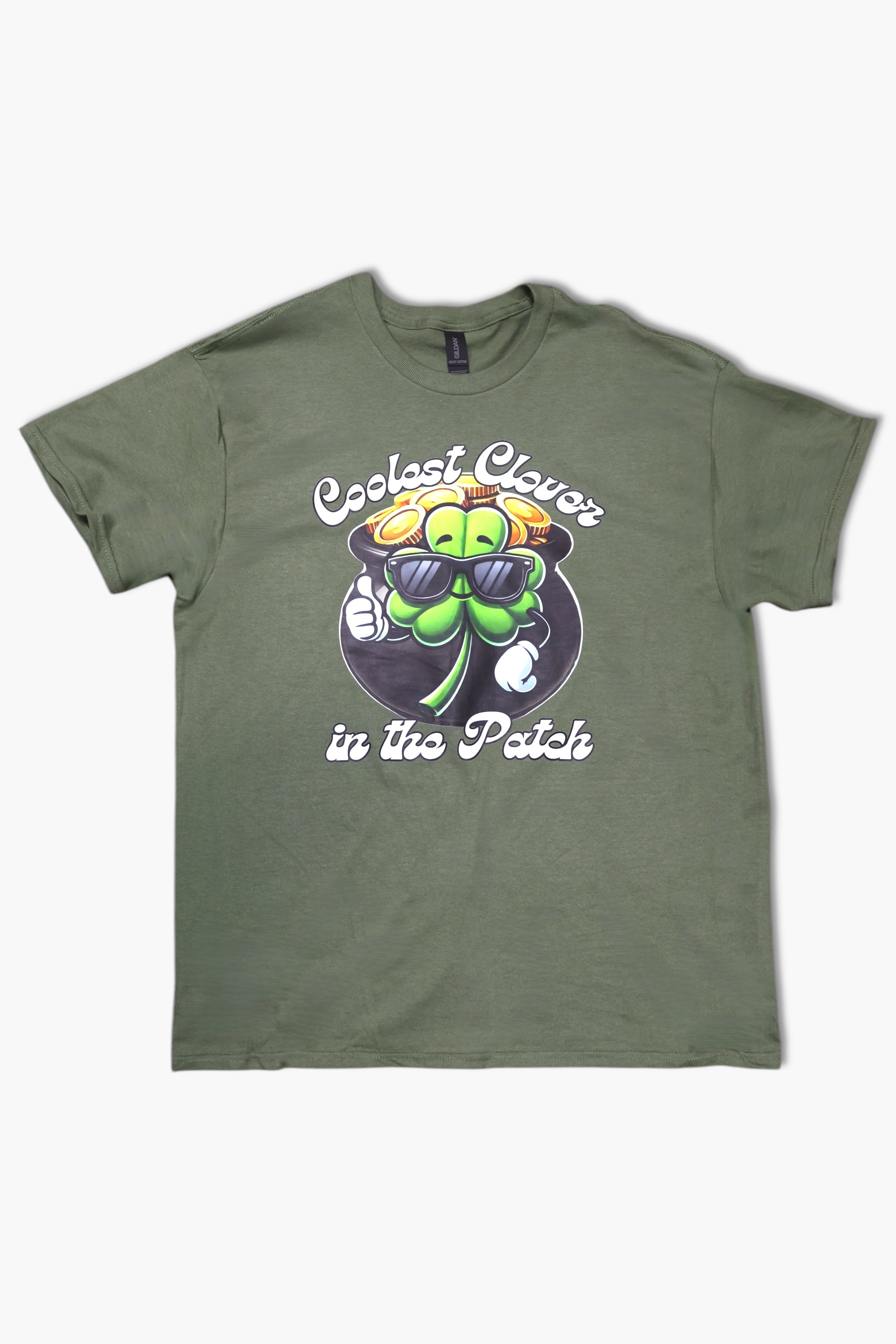 A graphic tee with a green background featuring a clover character and the text 'Coolest Clover in the Patch'.