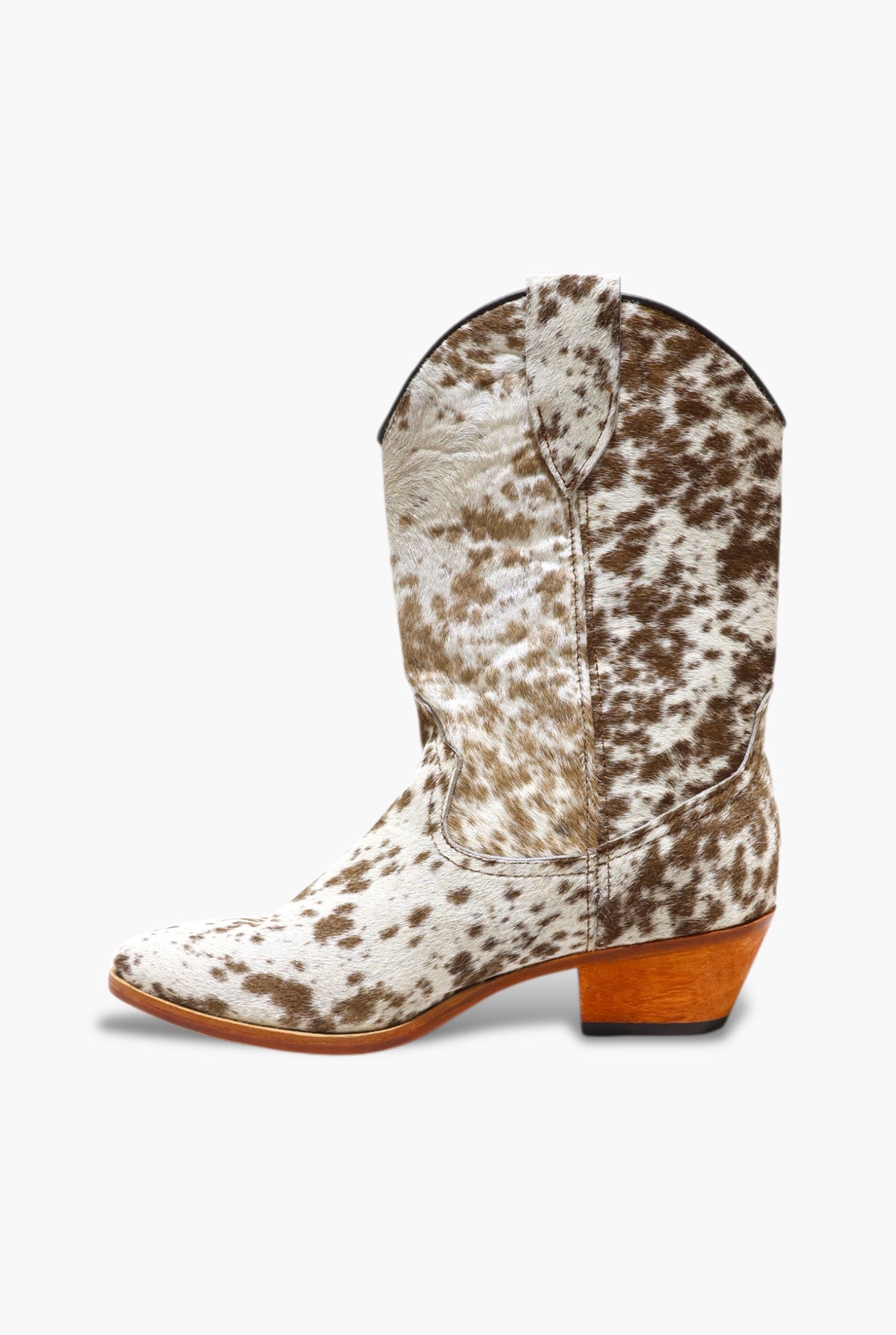 Cowboy boot with brown and white pattern on a white background