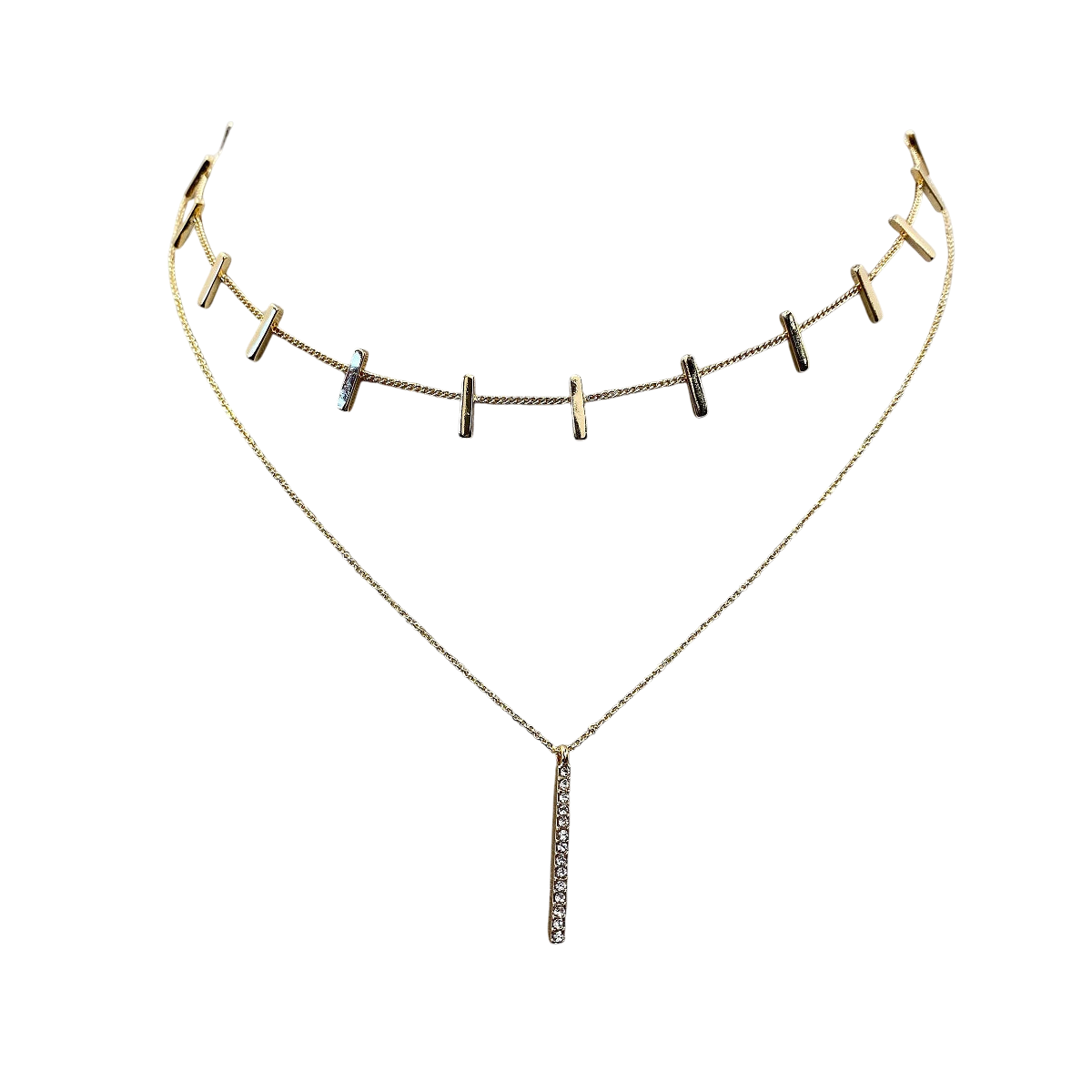 Gold necklace with small pendant on a white background