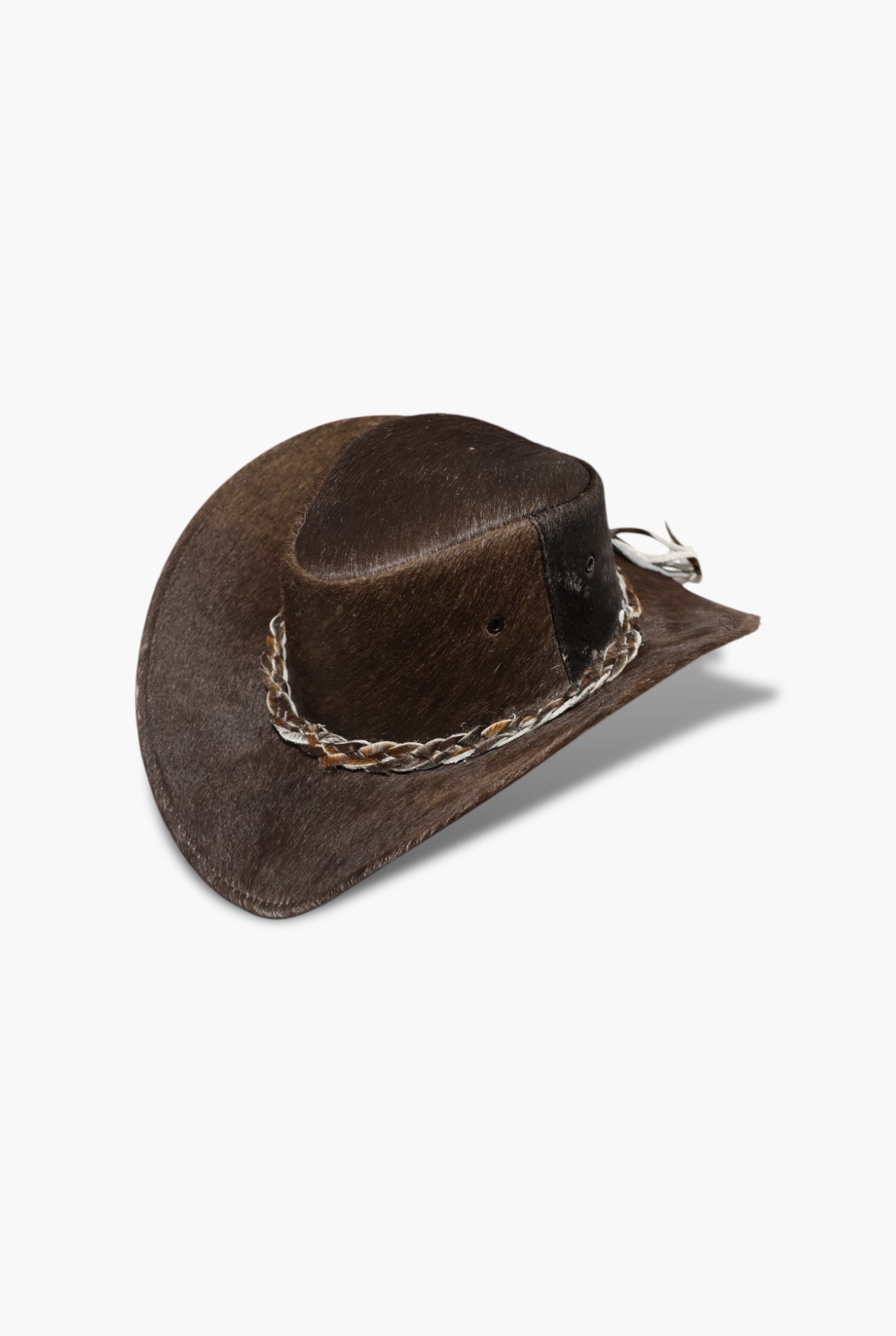 Brown cowboy hat with a chain on a white background