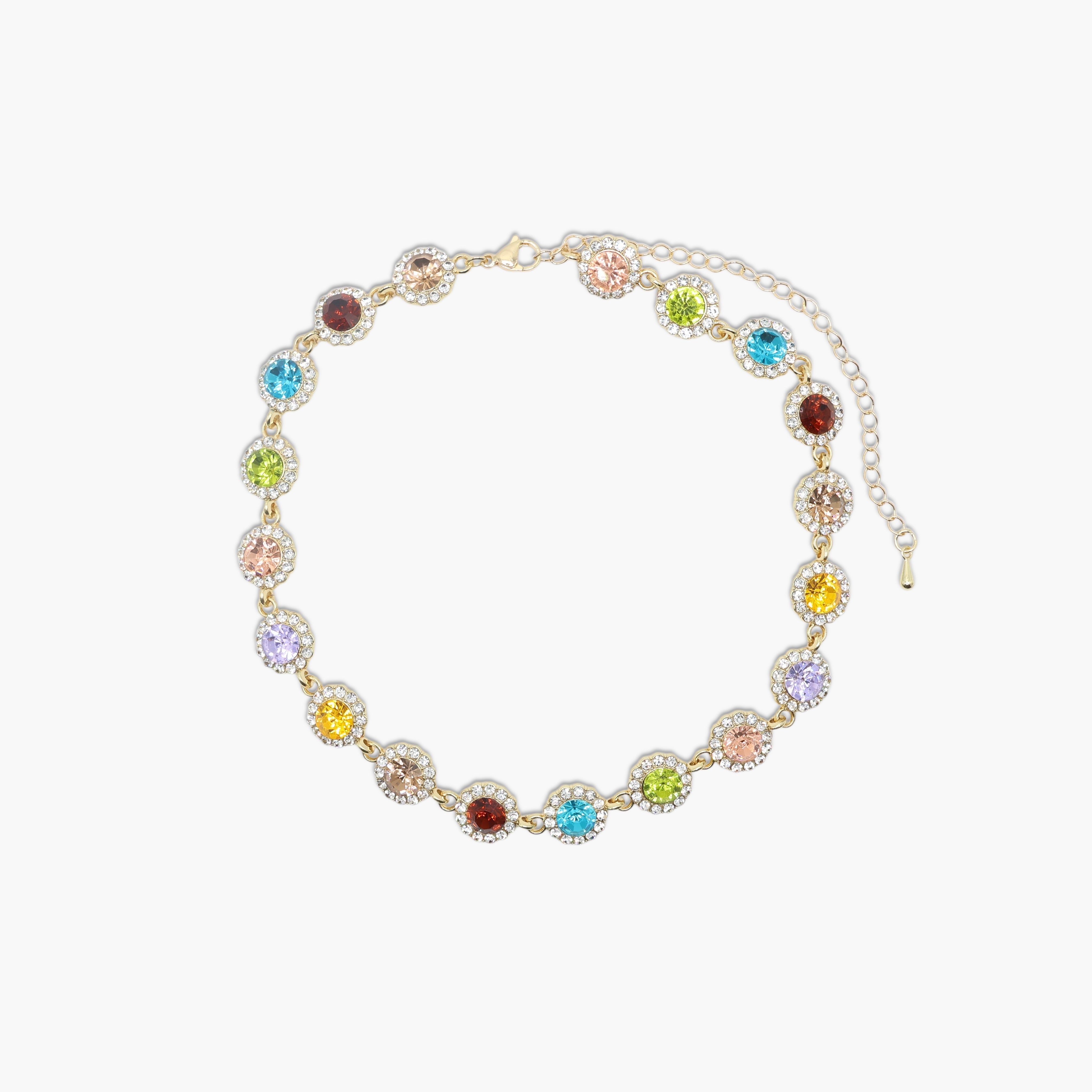 A gold dipped multi-gemstone necklace with a variety of colorful gemstones set in a circular pattern along a gold-tone chain.