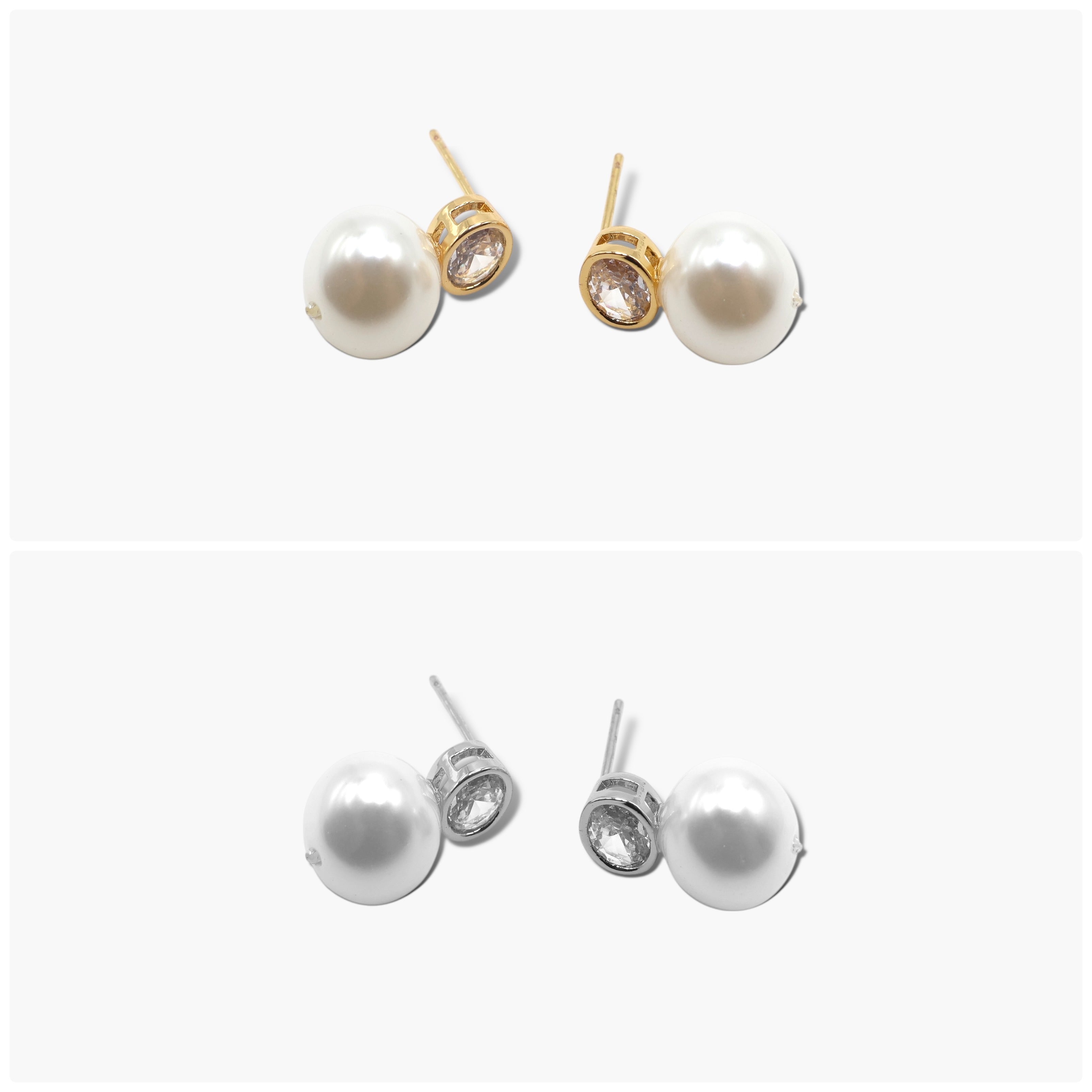 A pair of pearl ball earrings, one with a gold-colored band and the other with a silver-colored band, against a white background.