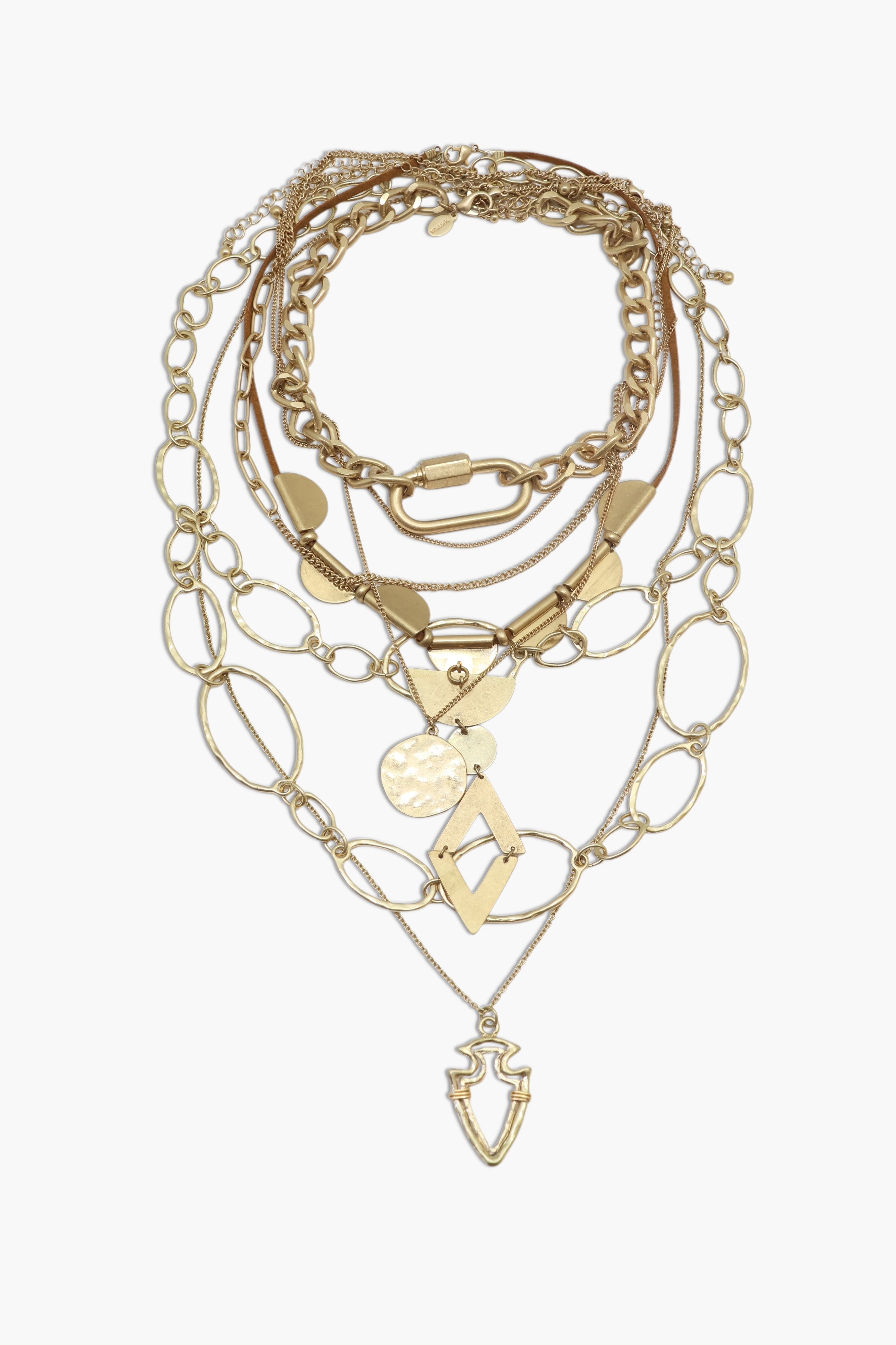 A set of gold-colored necklaces with various chain link styles and decorative elements, arranged to form a stack.